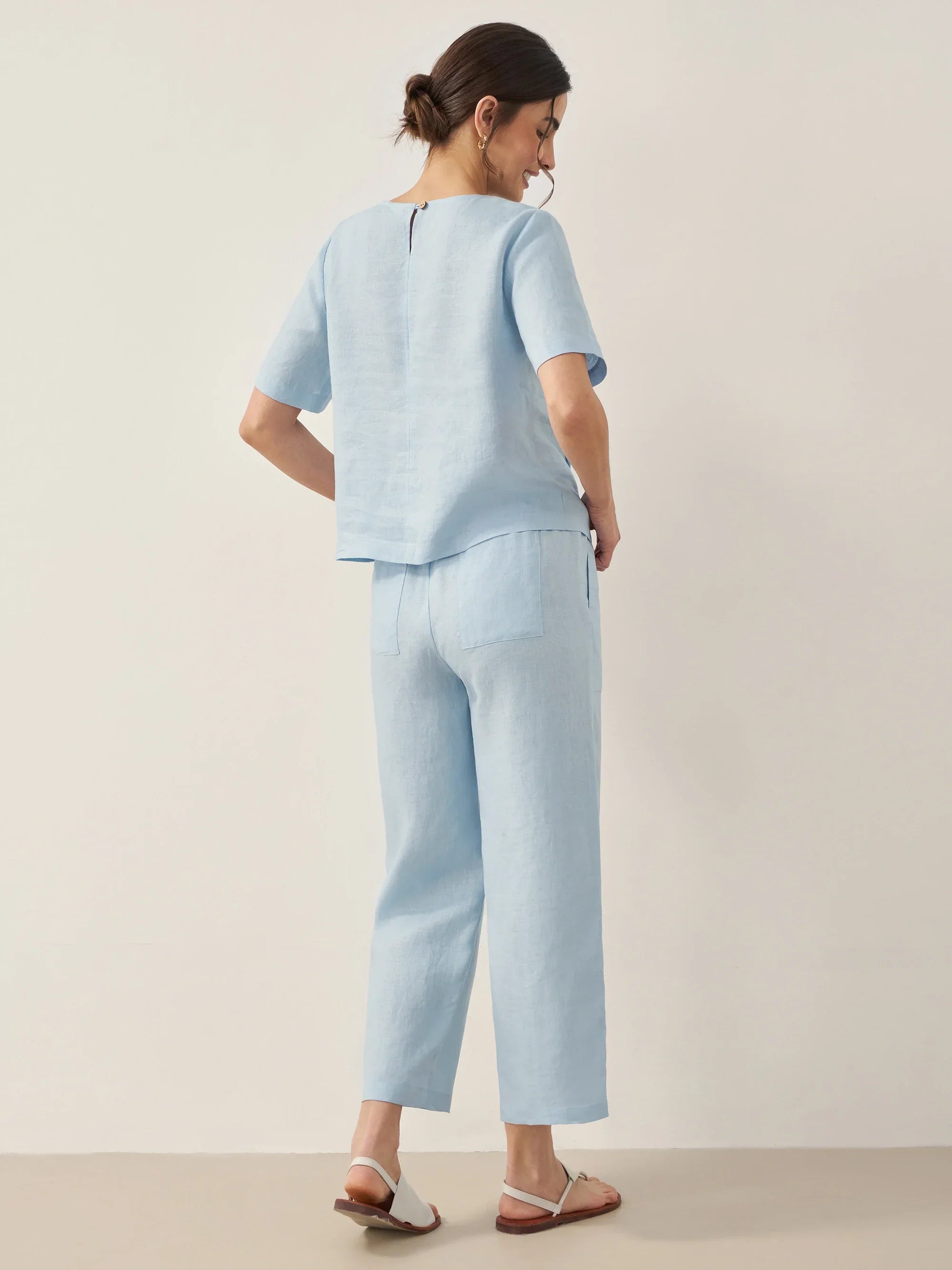 100% Leinen Kurzarm Rundhals Knopfdetails Oberteil & Hose Set JOSIE