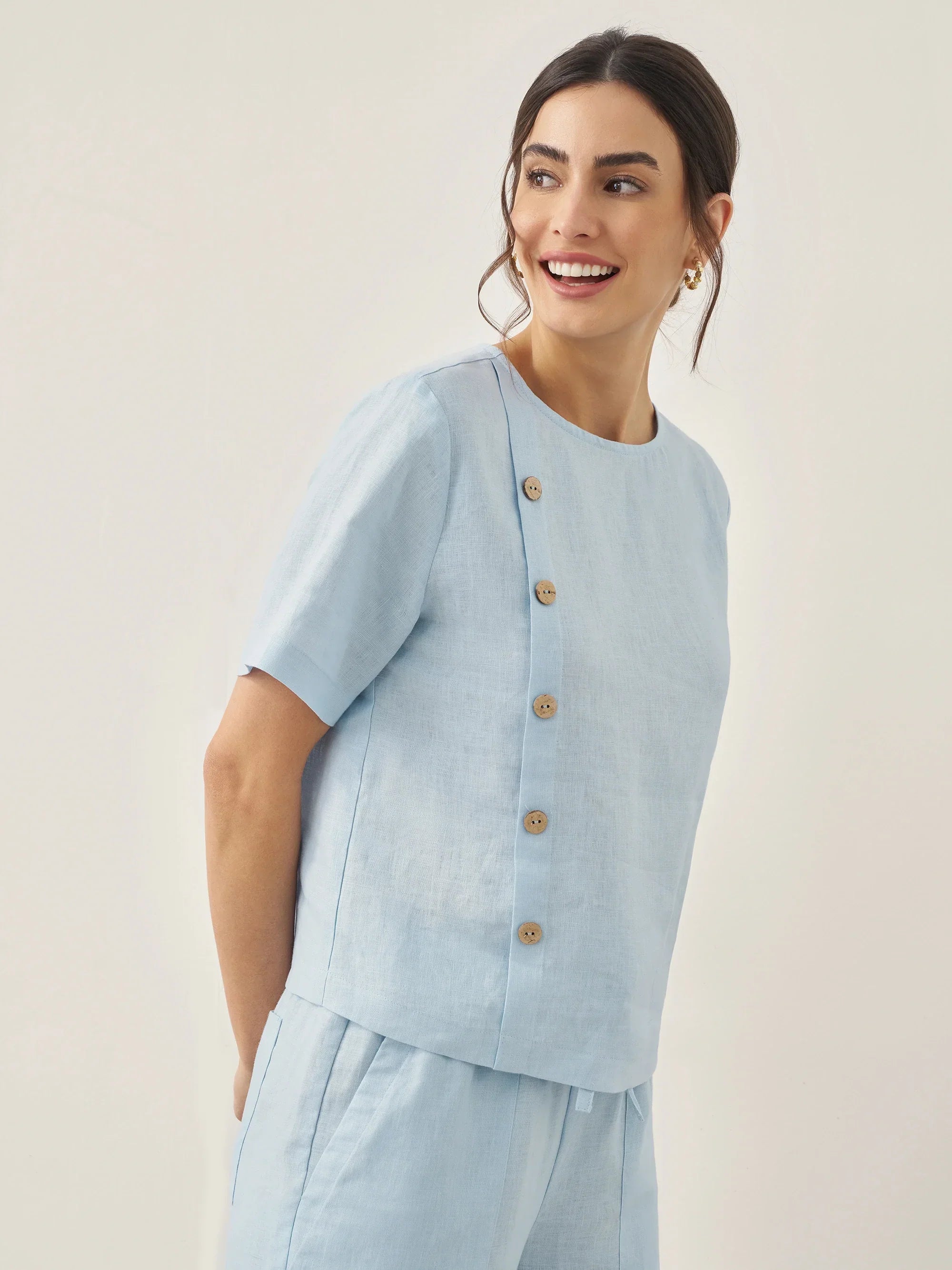 100% Leinen Kurzarm Rundhals Knopfdetails Oberteil & Hose Set JOSIE