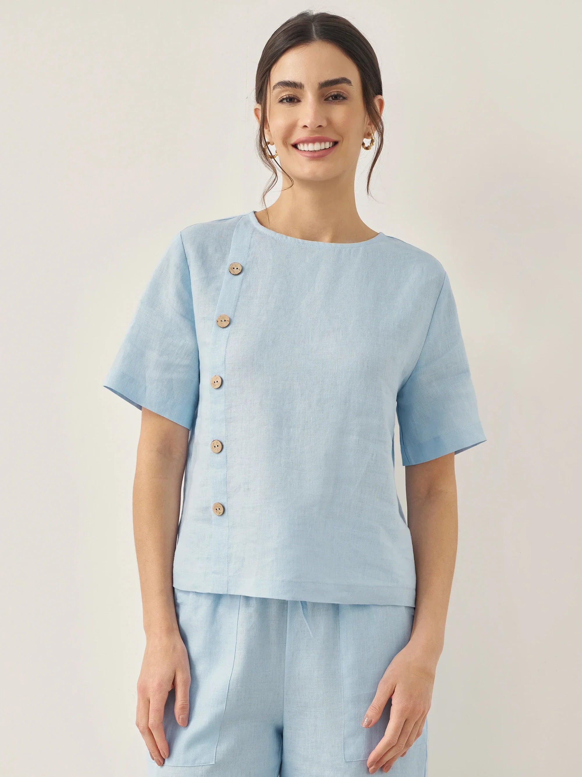 100% Leinen Kurzarm Rundhals Knopfdetails Oberteil & Hose Set JOSIE