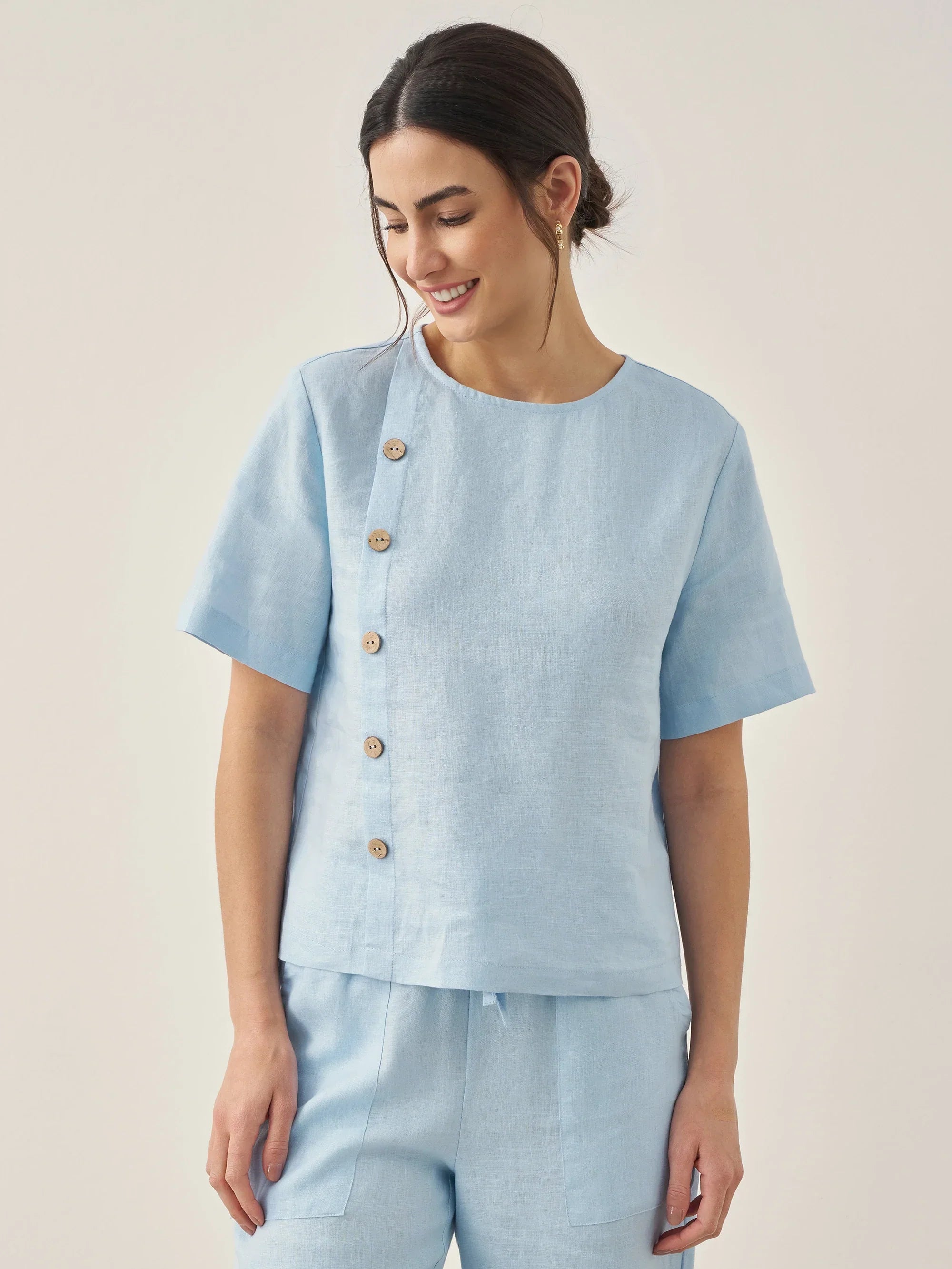 100% Leinen Kurzarm Rundhals Knopfdetails Oberteil & Hose Set JOSIE
