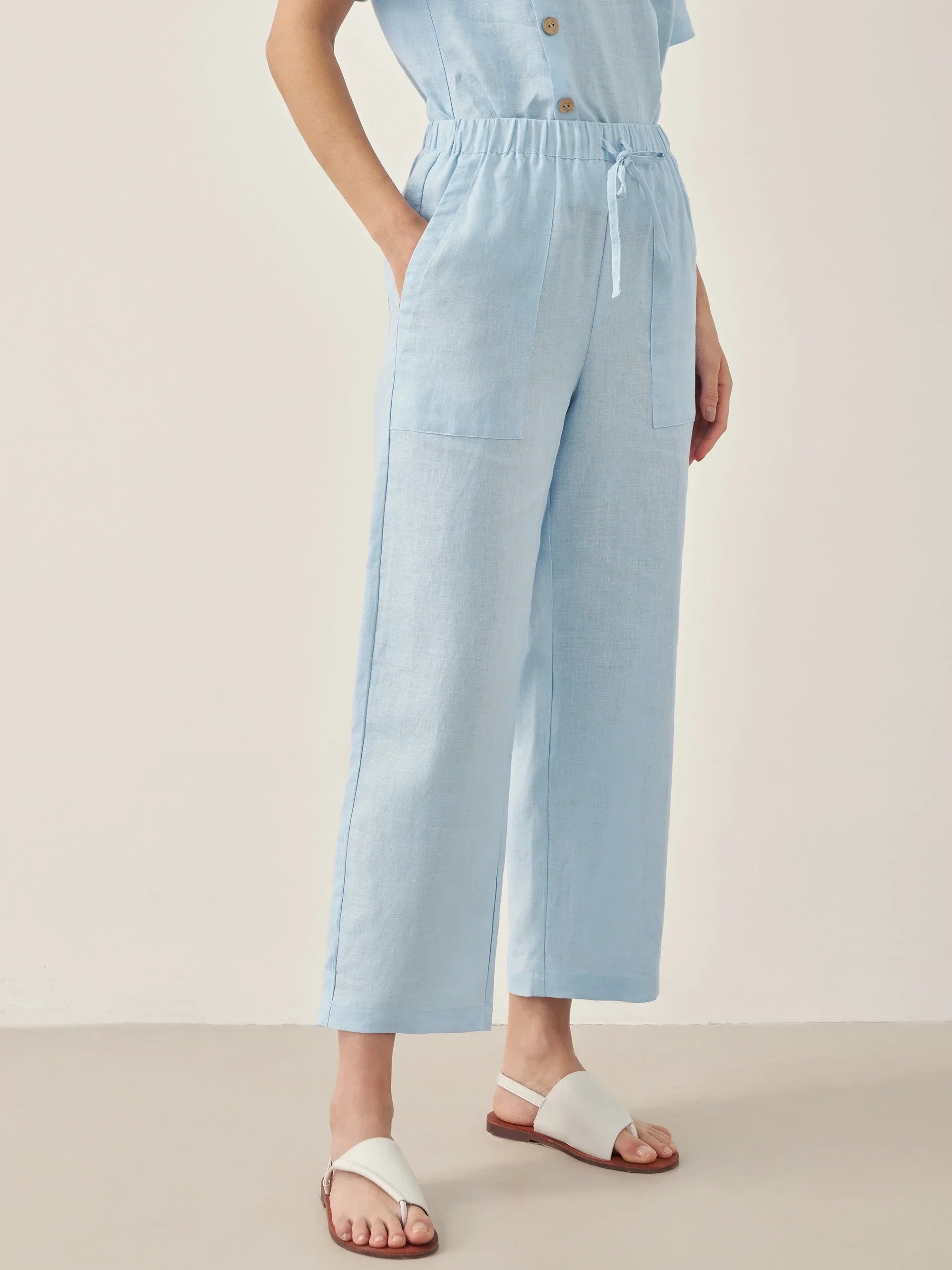 100% Leinen Kurzarm Rundhals Knopfdetails Oberteil & Hose Set JOSIE