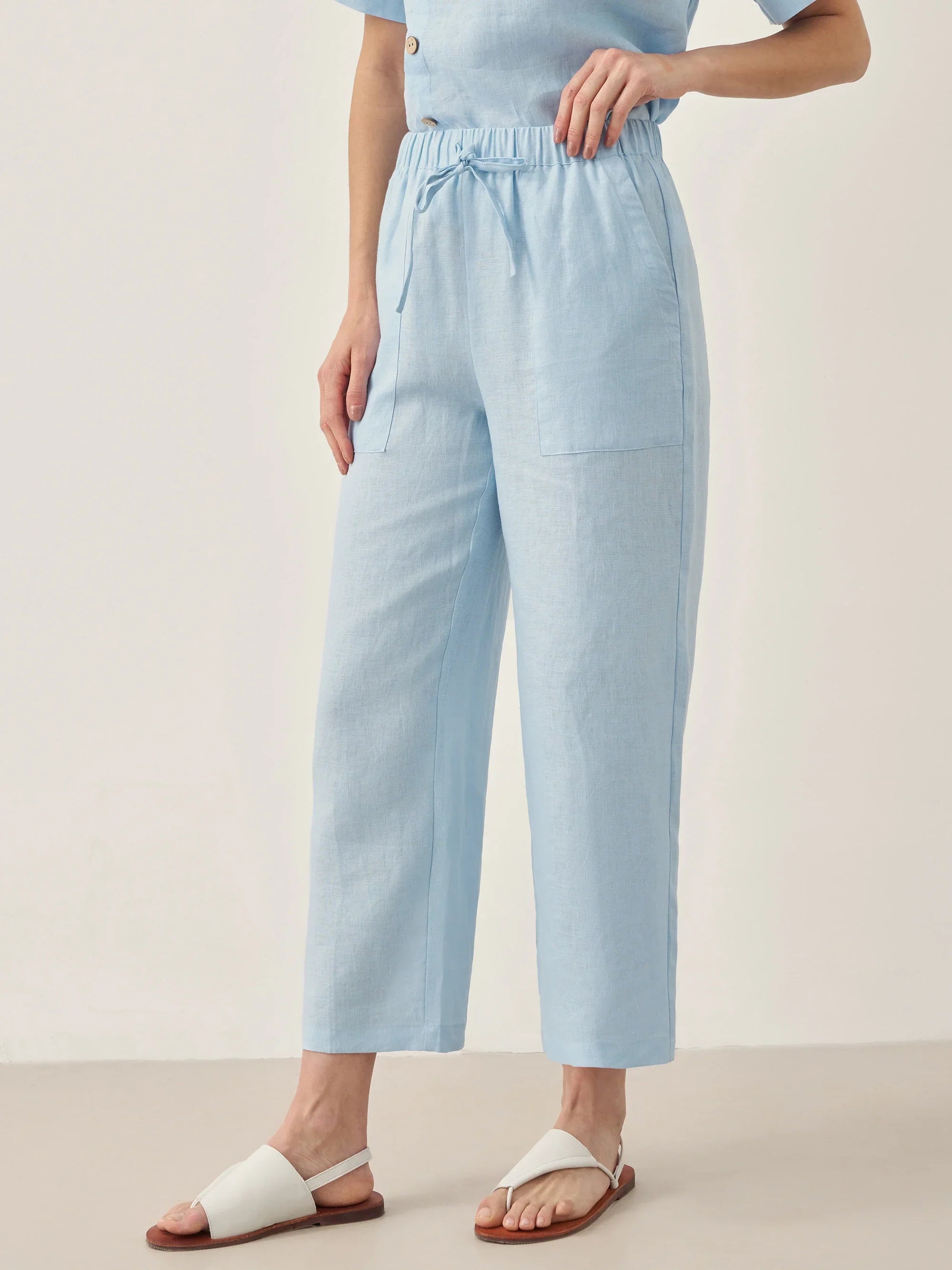 100% Leinen Kurzarm Rundhals Knopfdetails Oberteil & Hose Set JOSIE