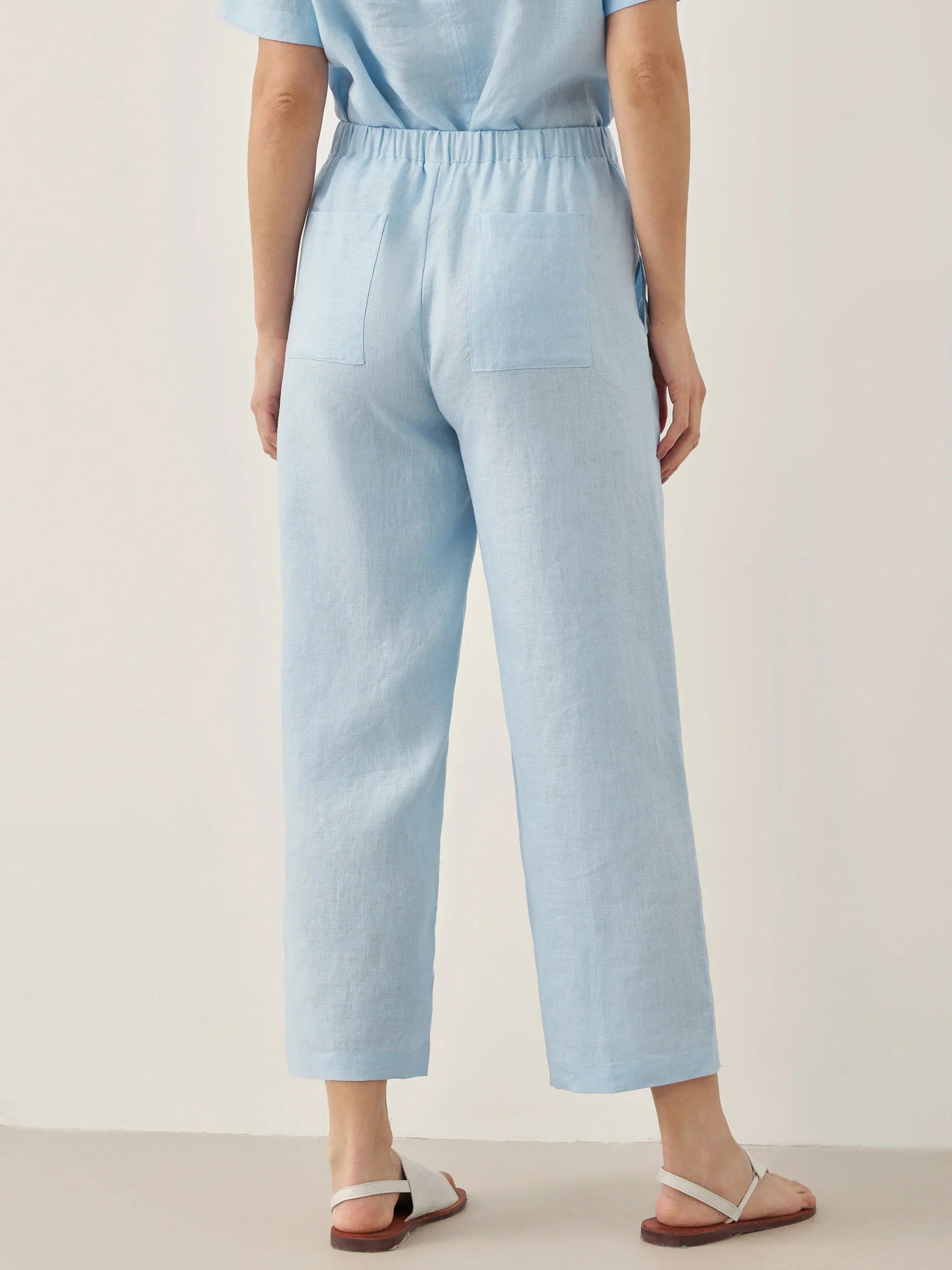 100% Leinen Kurzarm Rundhals Knopfdetails Oberteil & Hose Set JOSIE