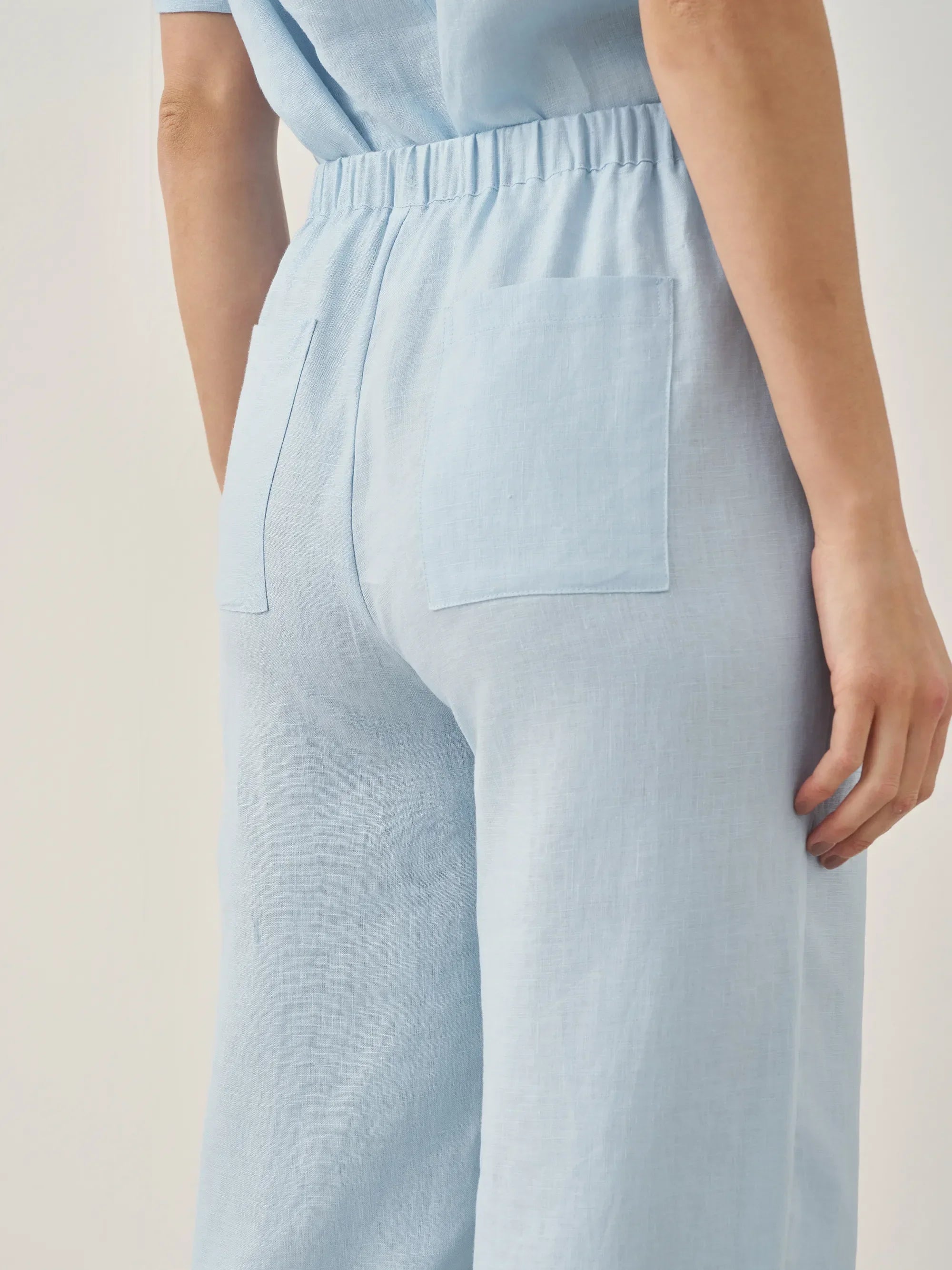 100% Leinen Kurzarm Rundhals Knopfdetails Oberteil & Hose Set JOSIE