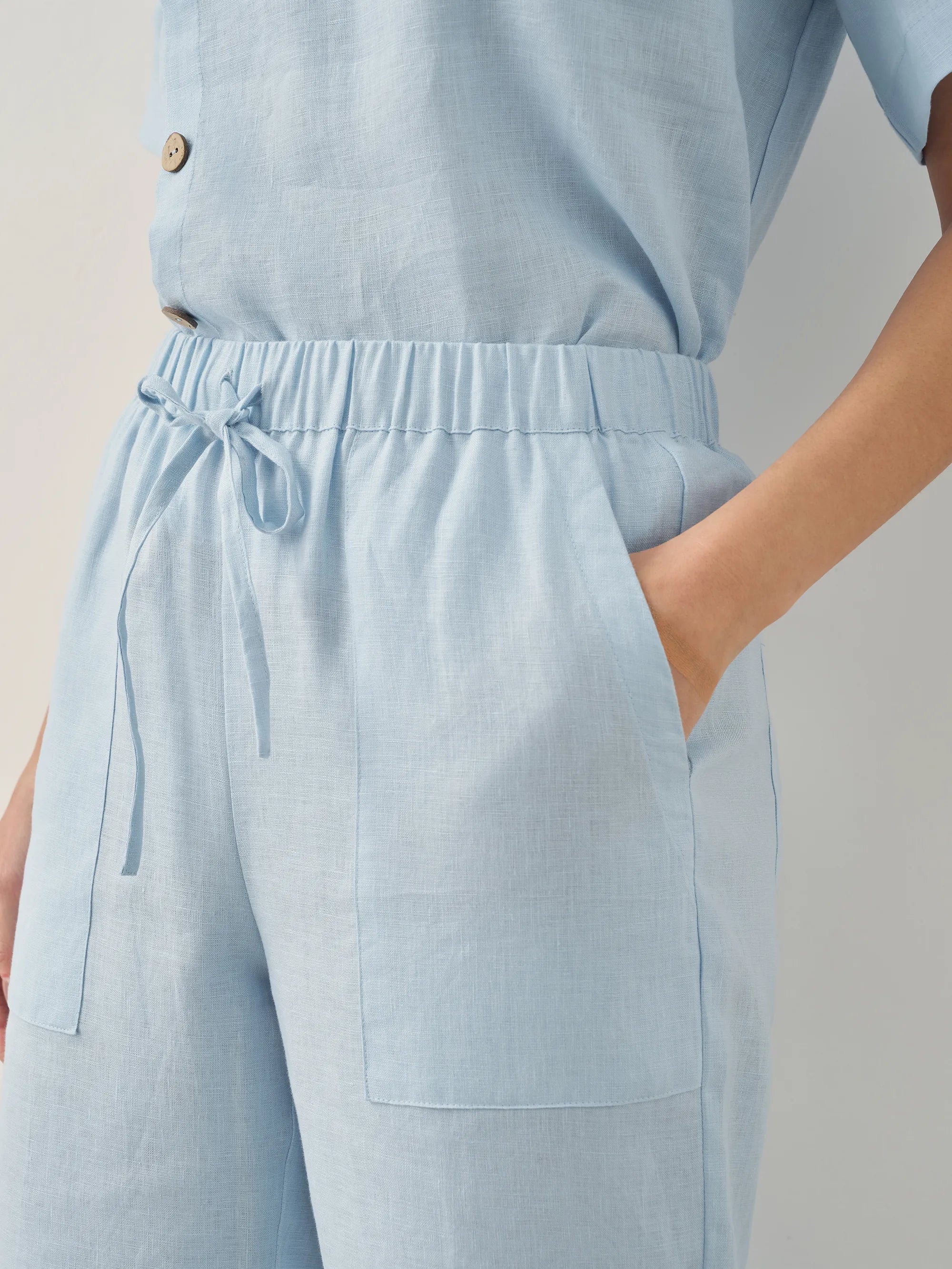 100% Leinen Kurzarm Rundhals Knopfdetails Oberteil & Hose Set JOSIE