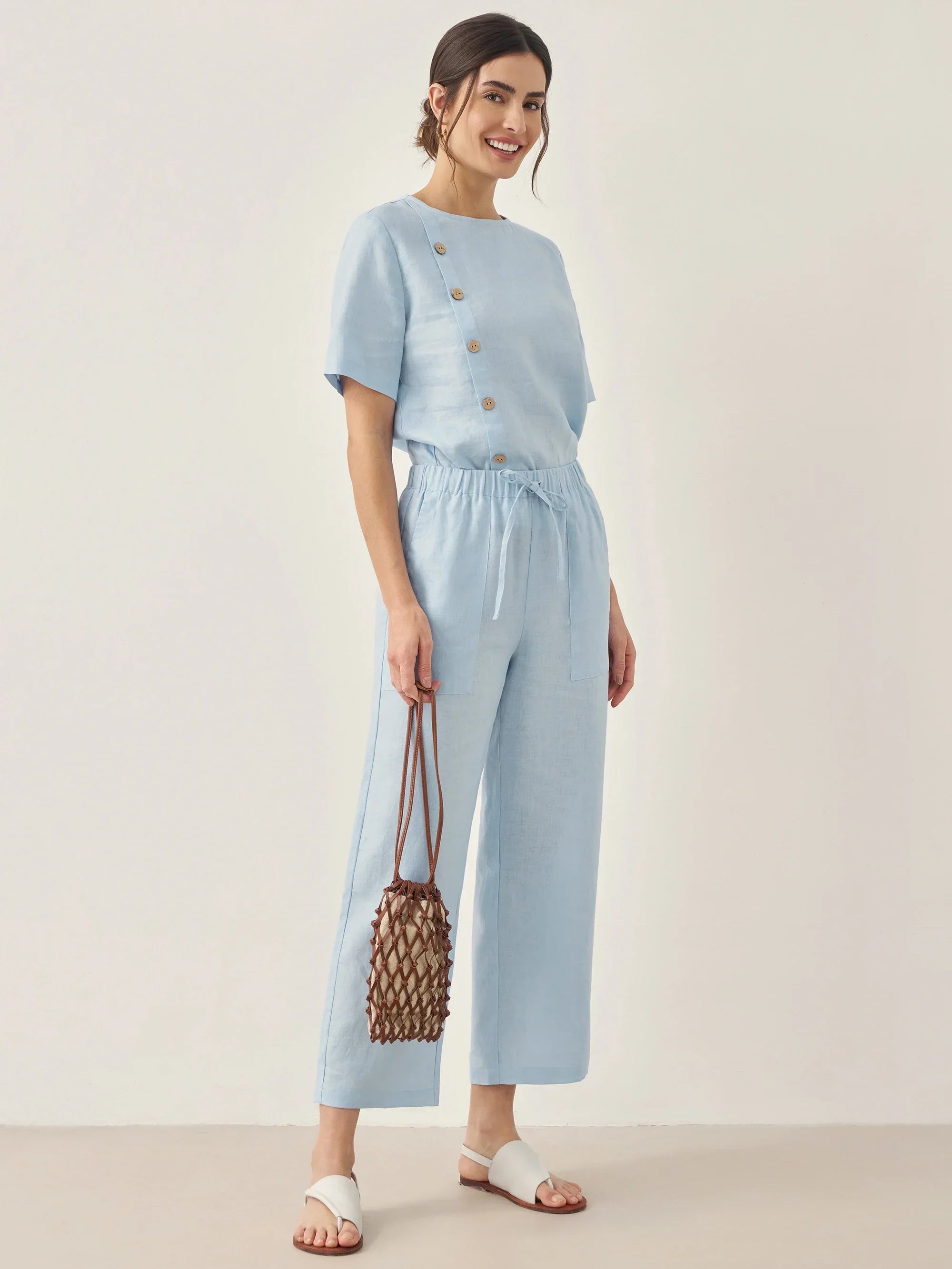 100% Leinen Kurzarm Rundhals Knopfdetails Oberteil & Hose Set JOSIE