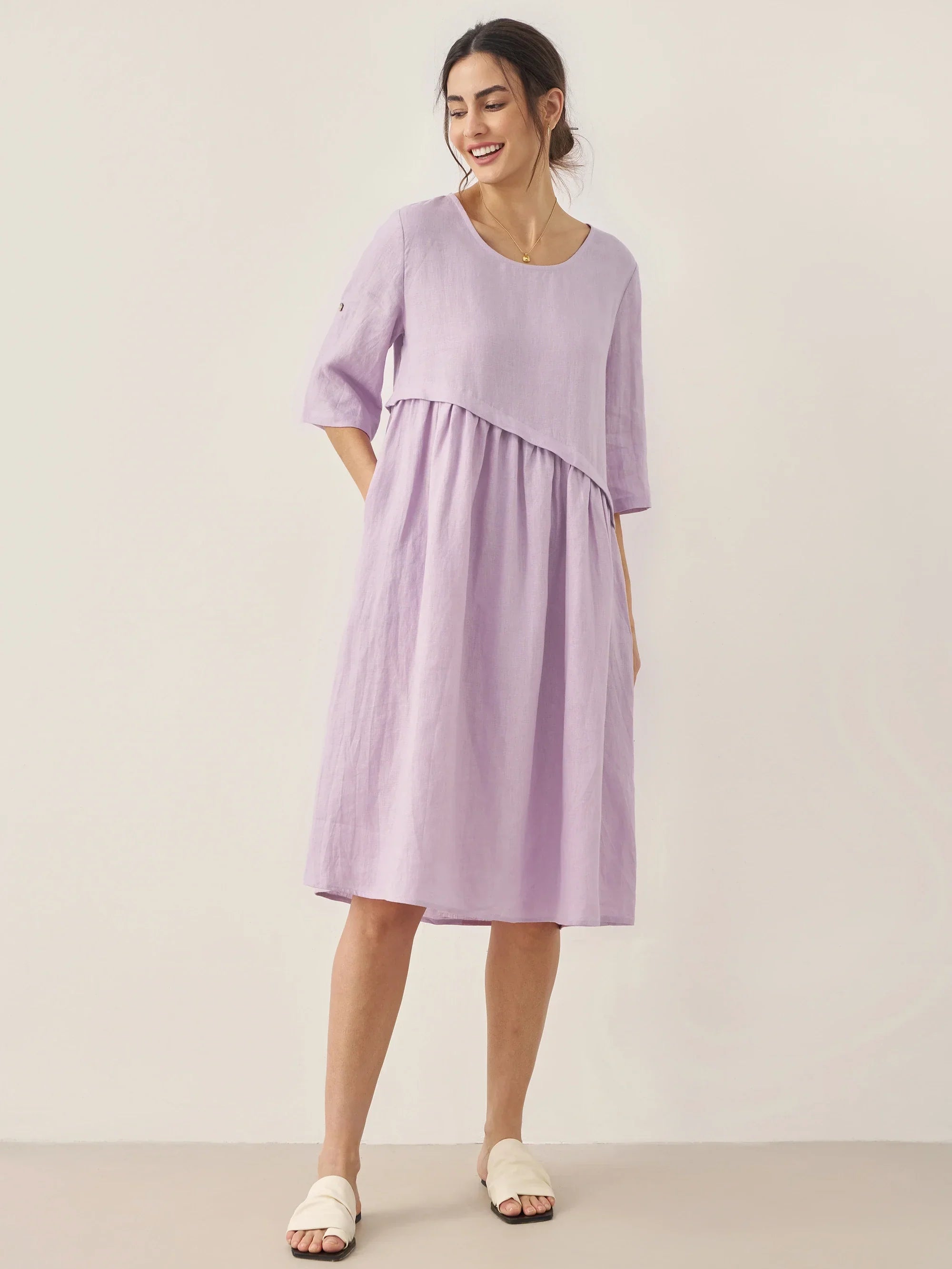 100% Leinen Asymmetrisches Plissiertes Rundhals-Midi-Kleid YOLANDA