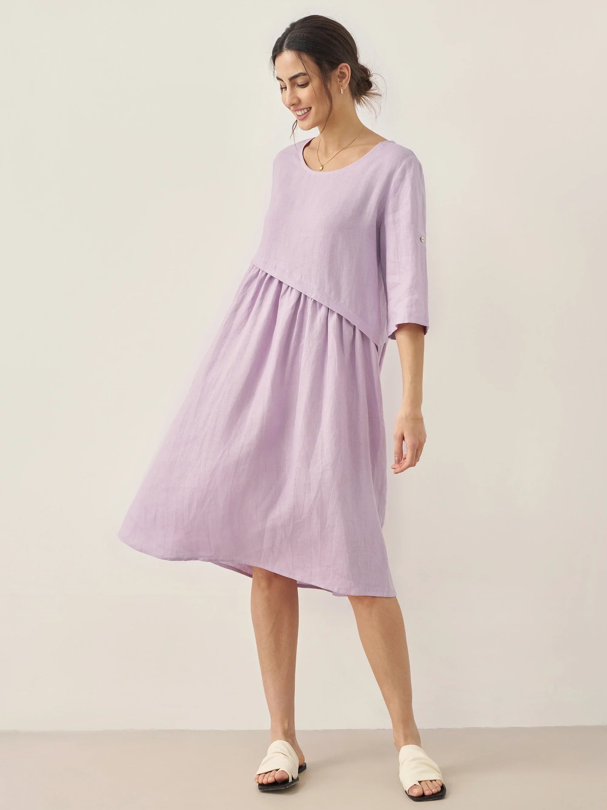 100% Leinen Asymmetrisches Plissiertes Rundhals-Midi-Kleid YOLANDA