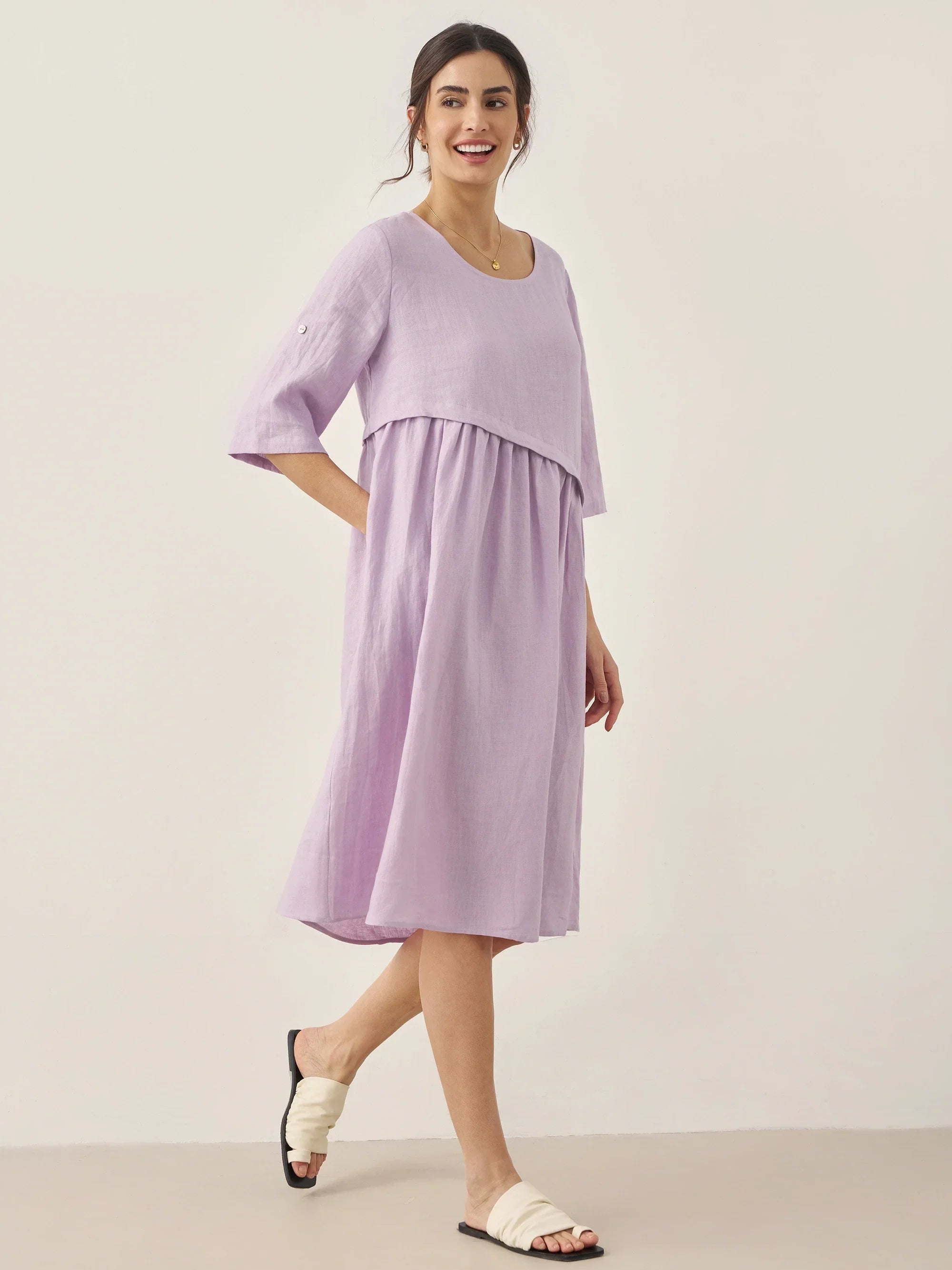 100% Leinen Asymmetrisches Plissiertes Rundhals-Midi-Kleid YOLANDA