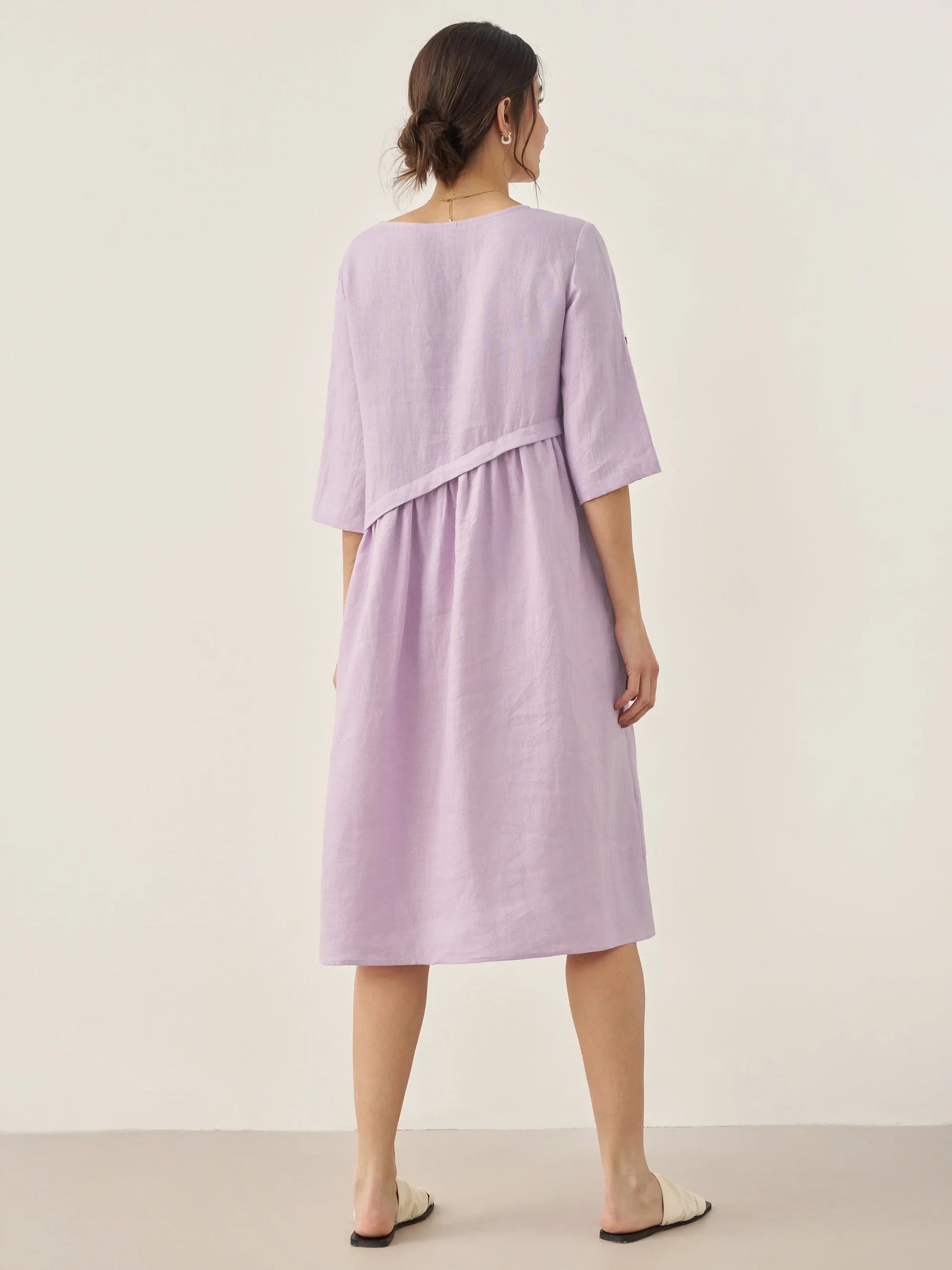 100% Leinen Asymmetrisches Plissiertes Rundhals-Midi-Kleid YOLANDA