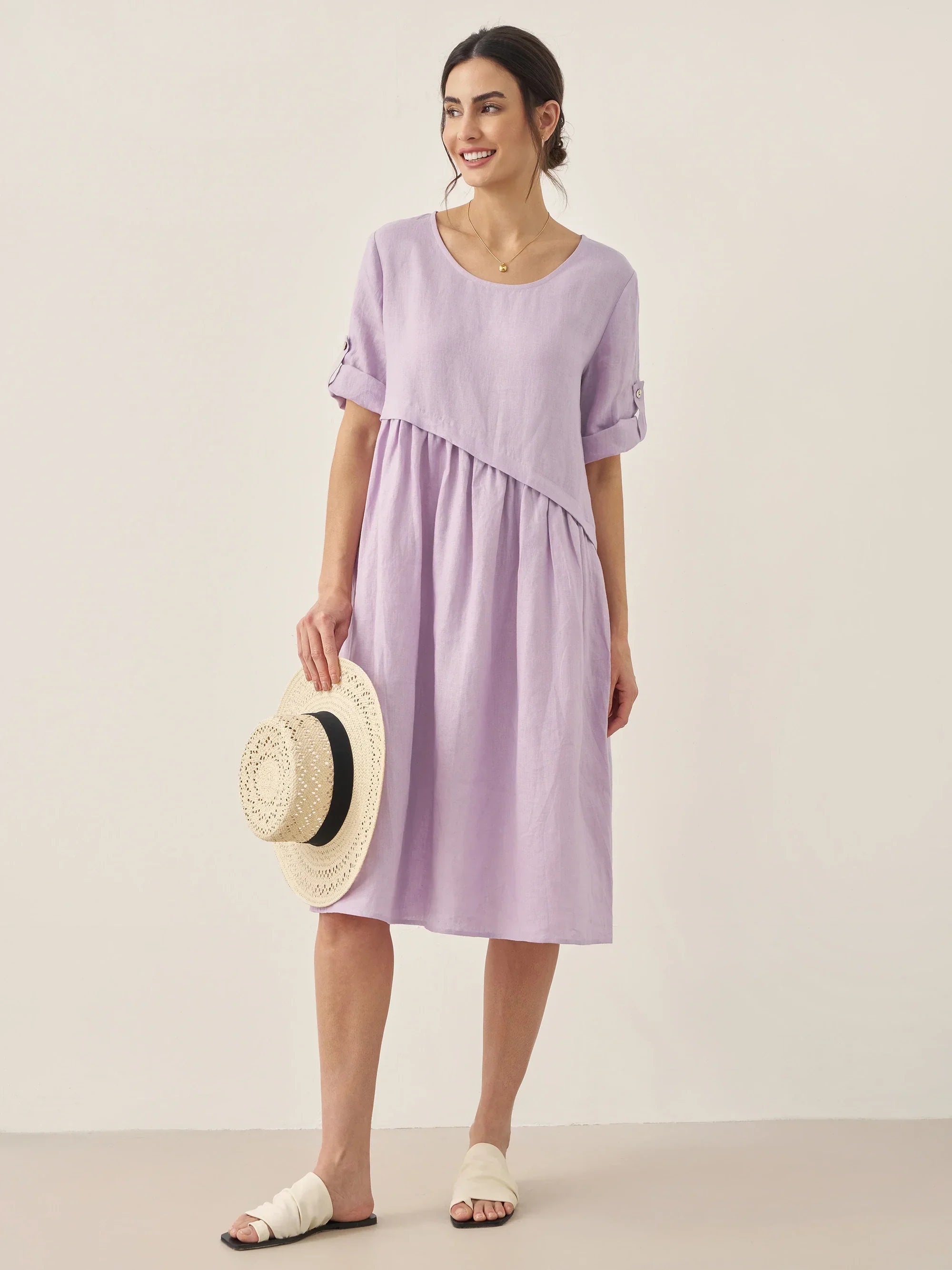 100% Leinen Asymmetrisches Plissiertes Rundhals-Midi-Kleid YOLANDA