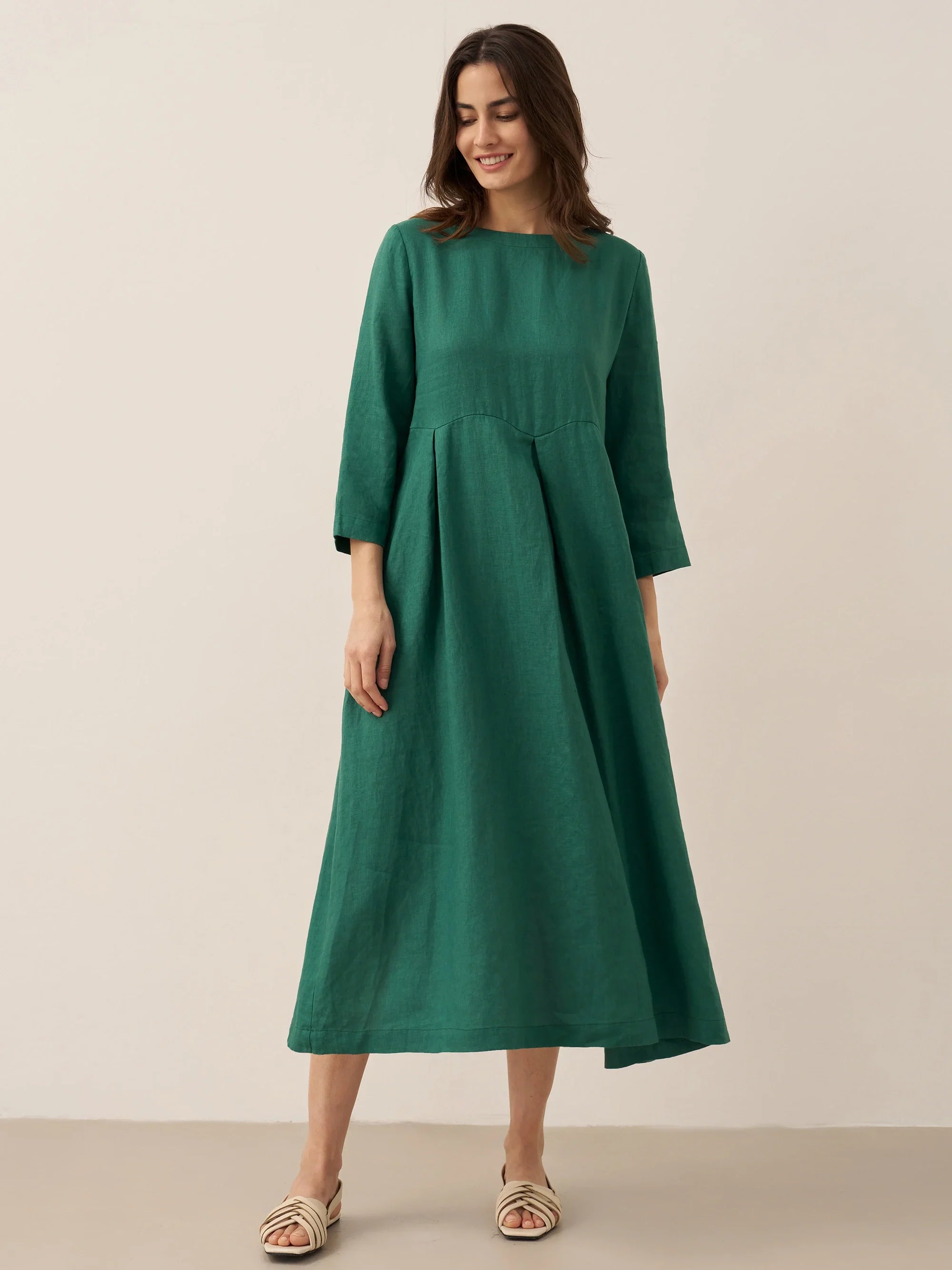 100 % Leinen Bateau-Ausschnitt Plissiertes Maxikleid ABIGAIL
