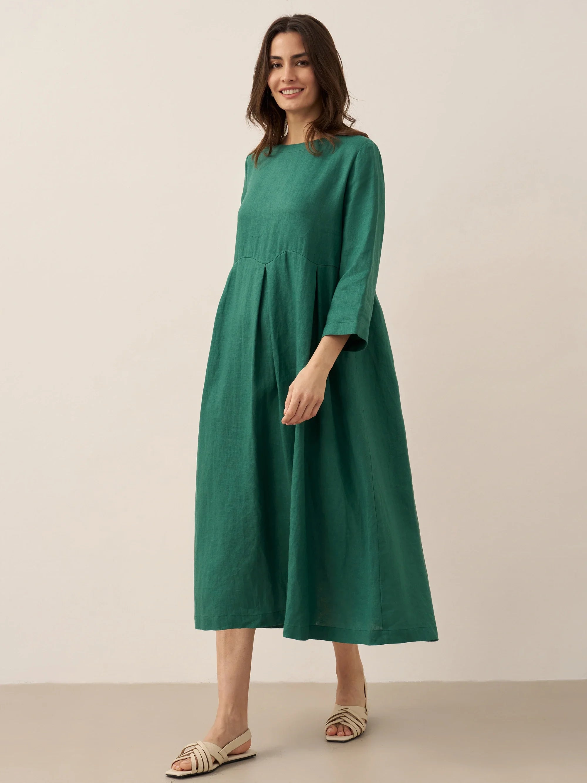 100 % Leinen Bateau-Ausschnitt Plissiertes Maxikleid ABIGAIL