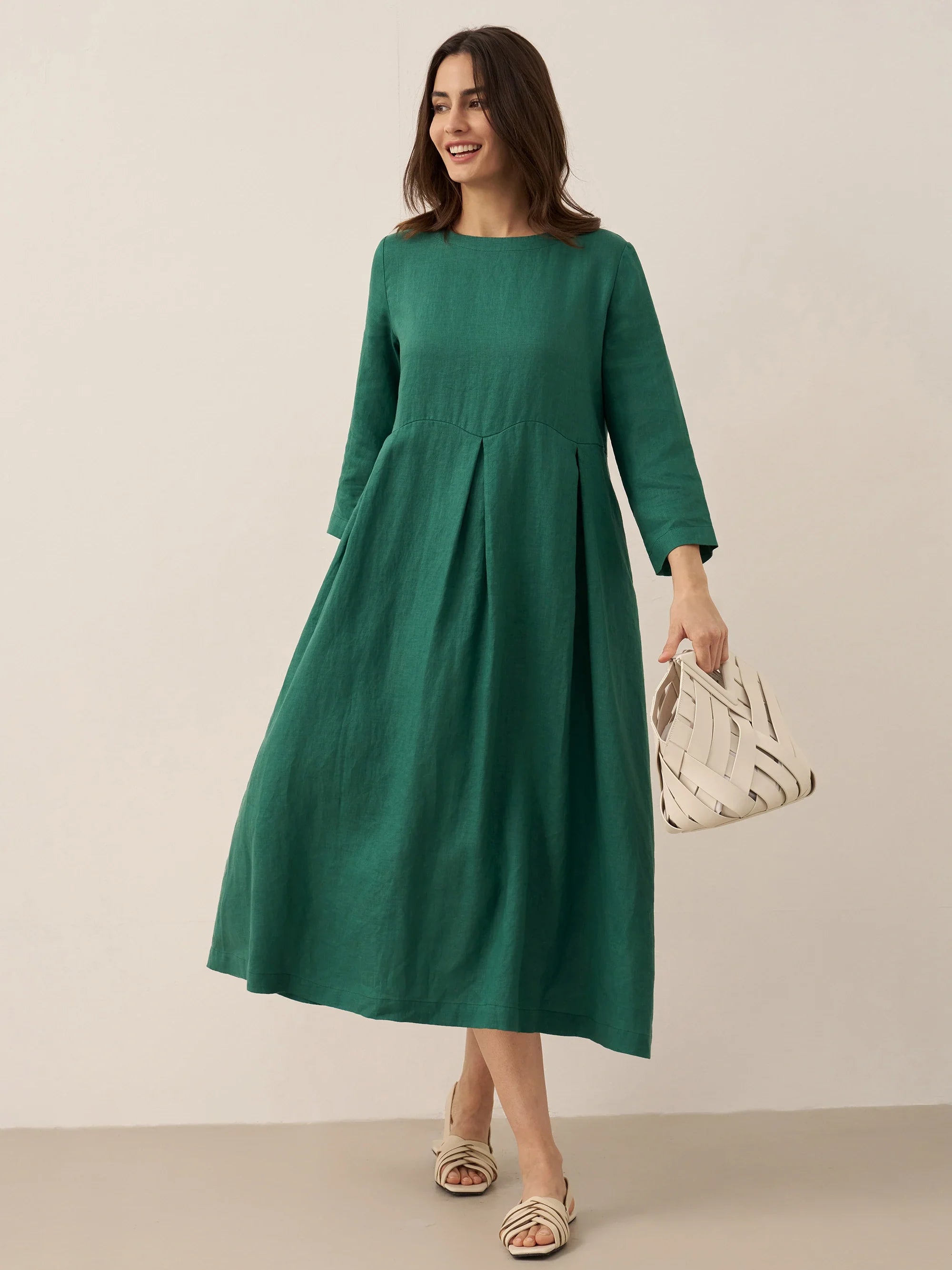 100 % Leinen Bateau-Ausschnitt Plissiertes Maxikleid ABIGAIL