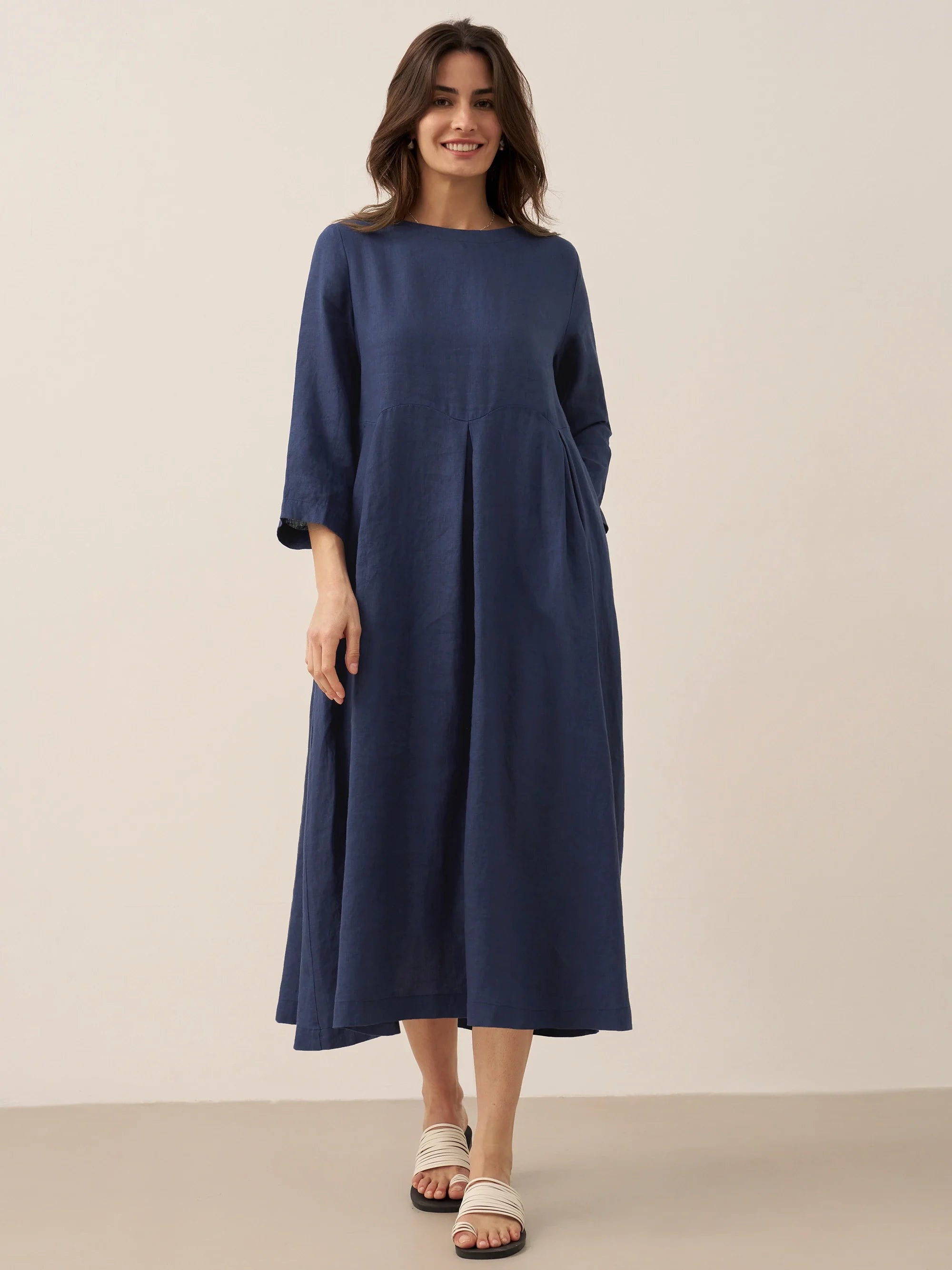 100 % Leinen Bateau-Ausschnitt Plissiertes Maxikleid ABIGAIL