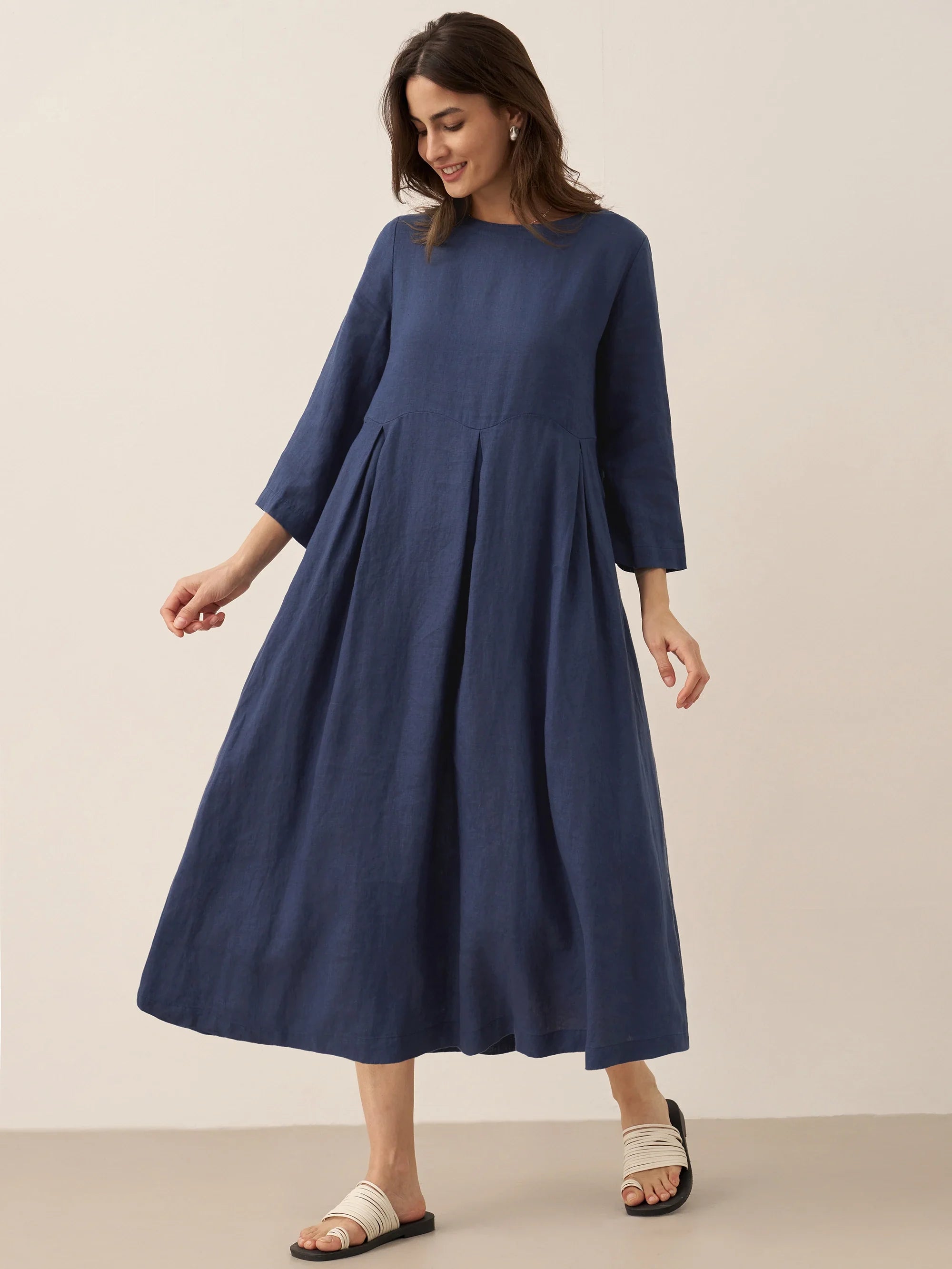 100 % Leinen Bateau-Ausschnitt Plissiertes Maxikleid ABIGAIL