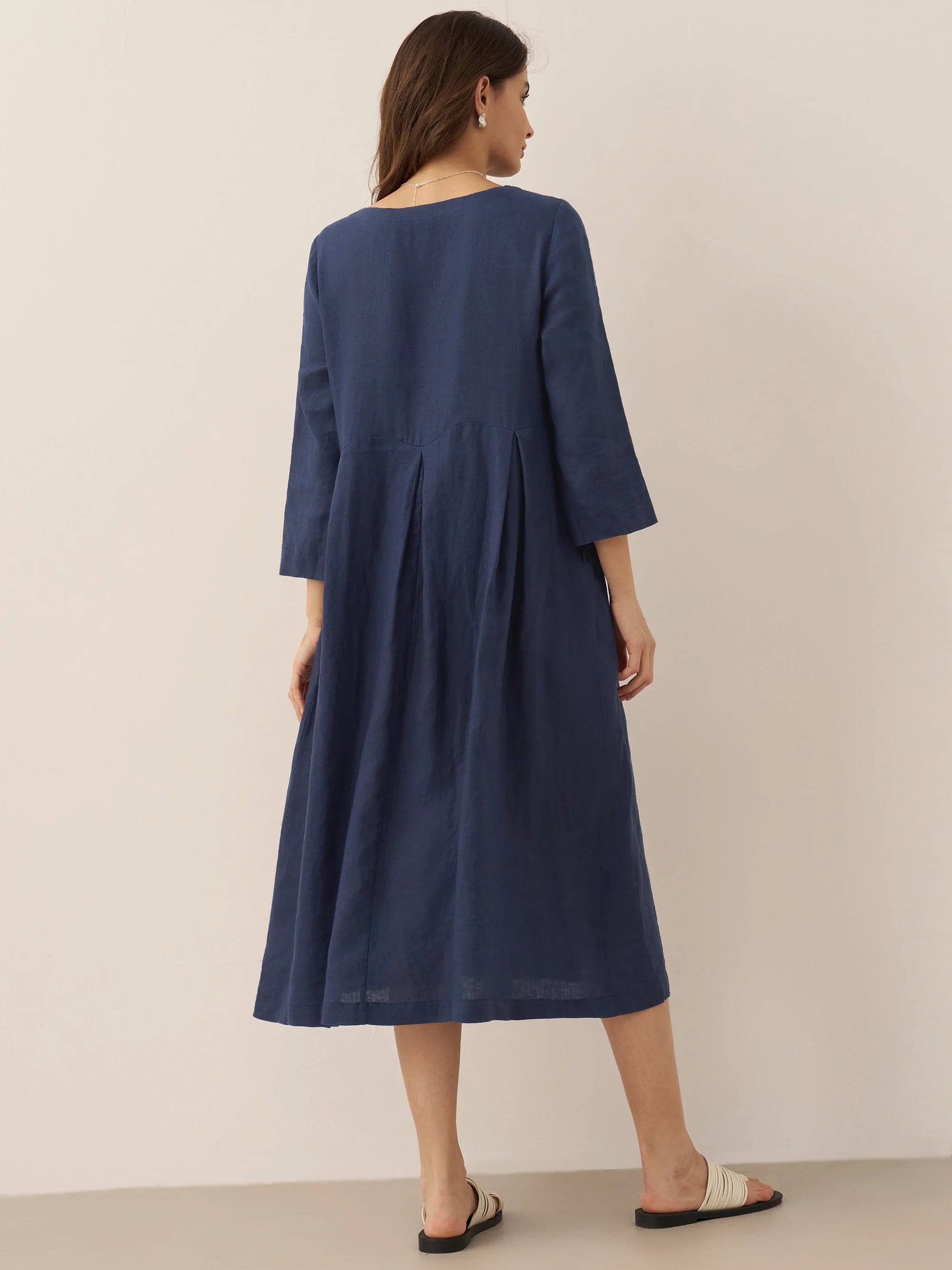 100 % Leinen Bateau-Ausschnitt Plissiertes Maxikleid ABIGAIL