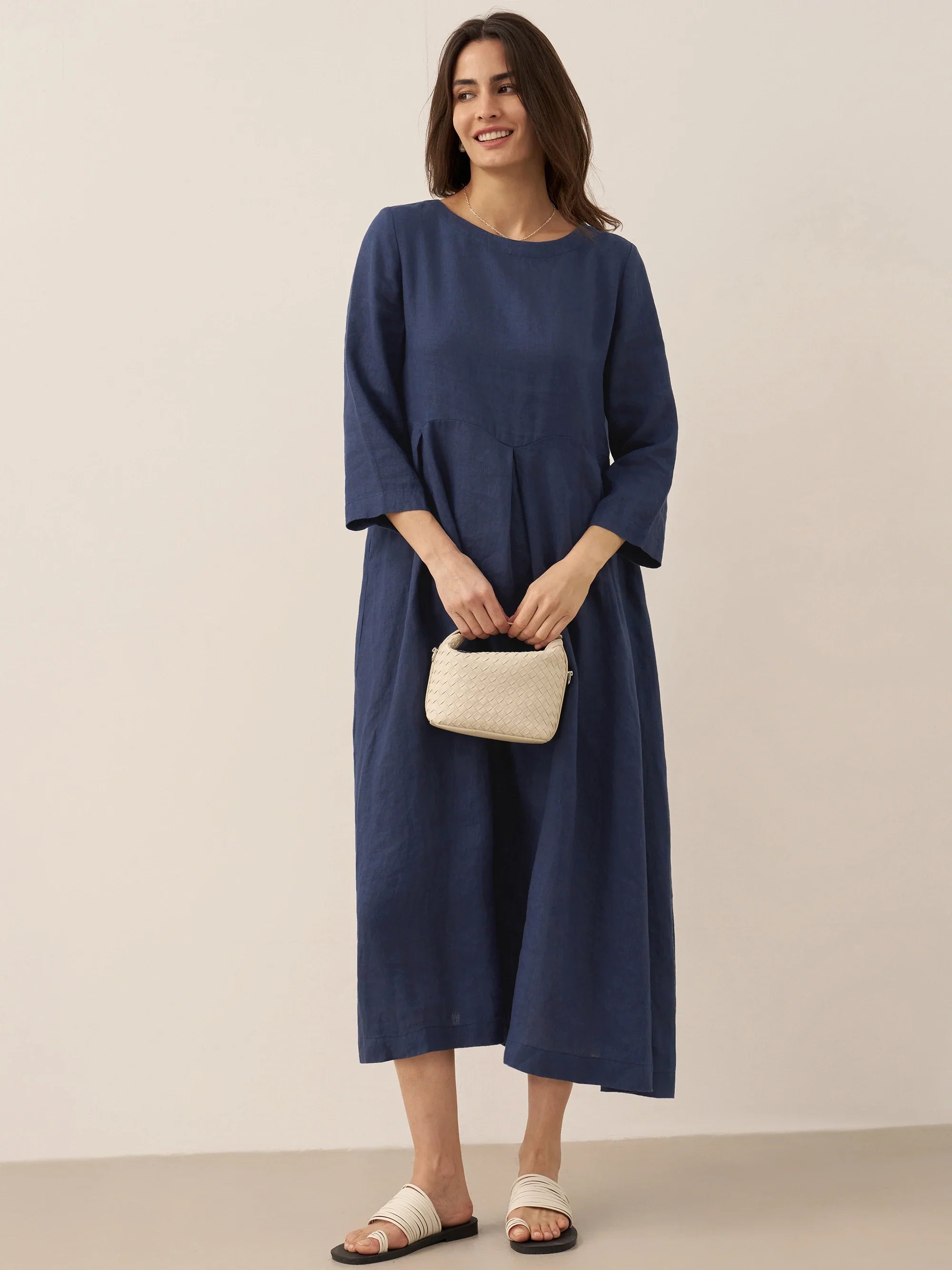 100 % Leinen Bateau-Ausschnitt Plissiertes Maxikleid ABIGAIL