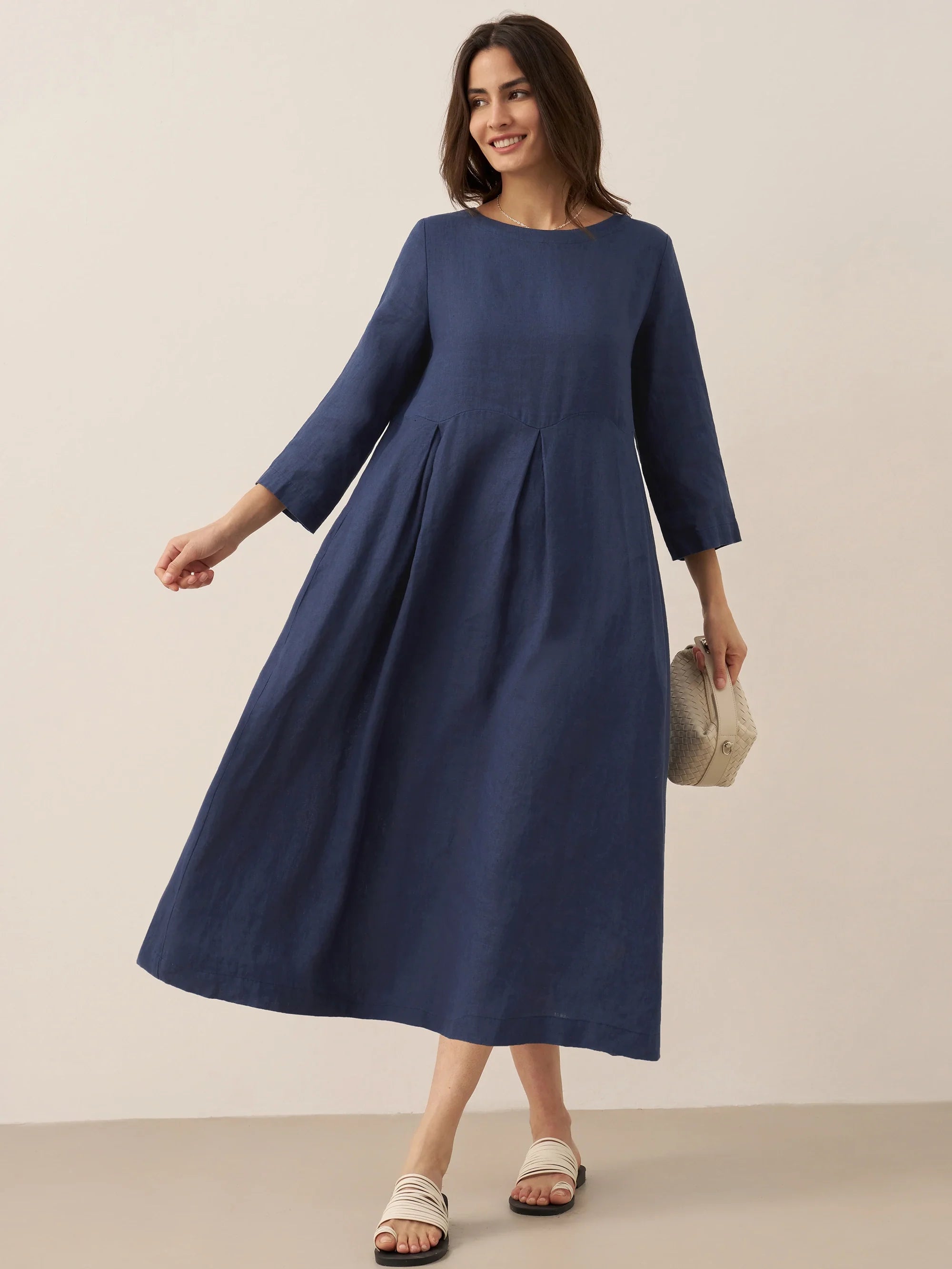 100 % Leinen Bateau-Ausschnitt Plissiertes Maxikleid ABIGAIL