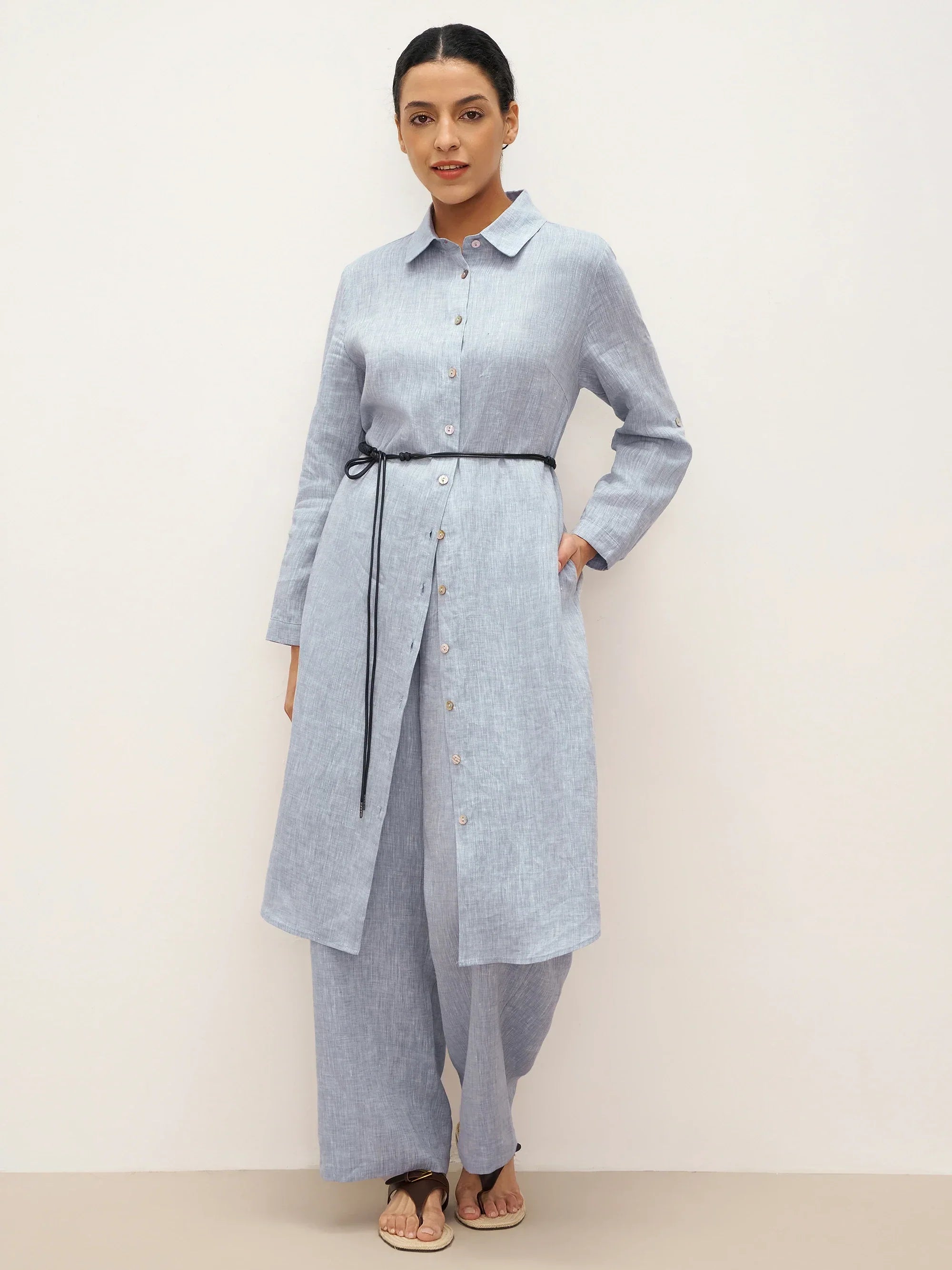 100% Leinen U-Saum Gürtel Kleid JULIA