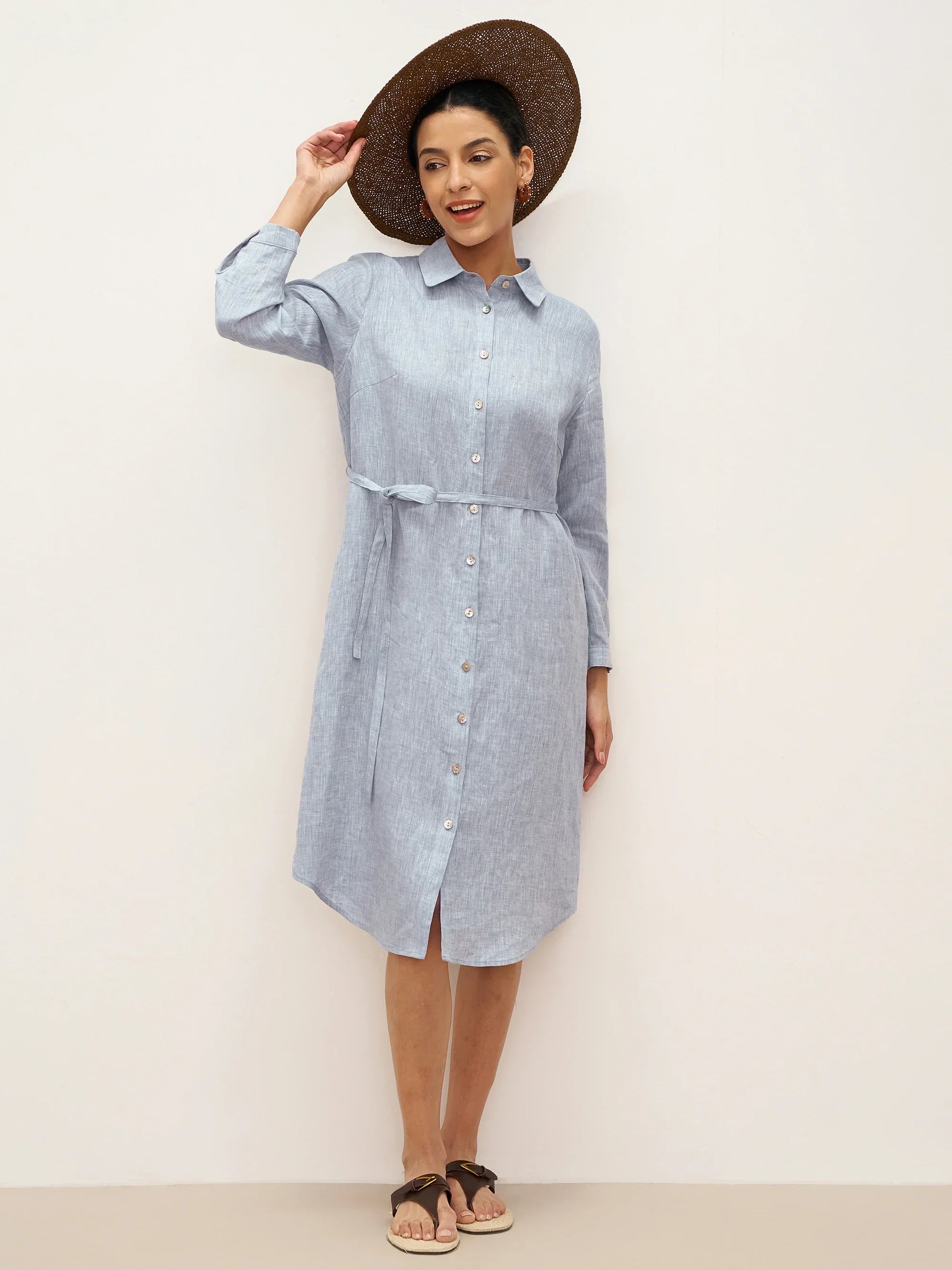 100% Leinen U-Saum Gürtel Kleid JULIA