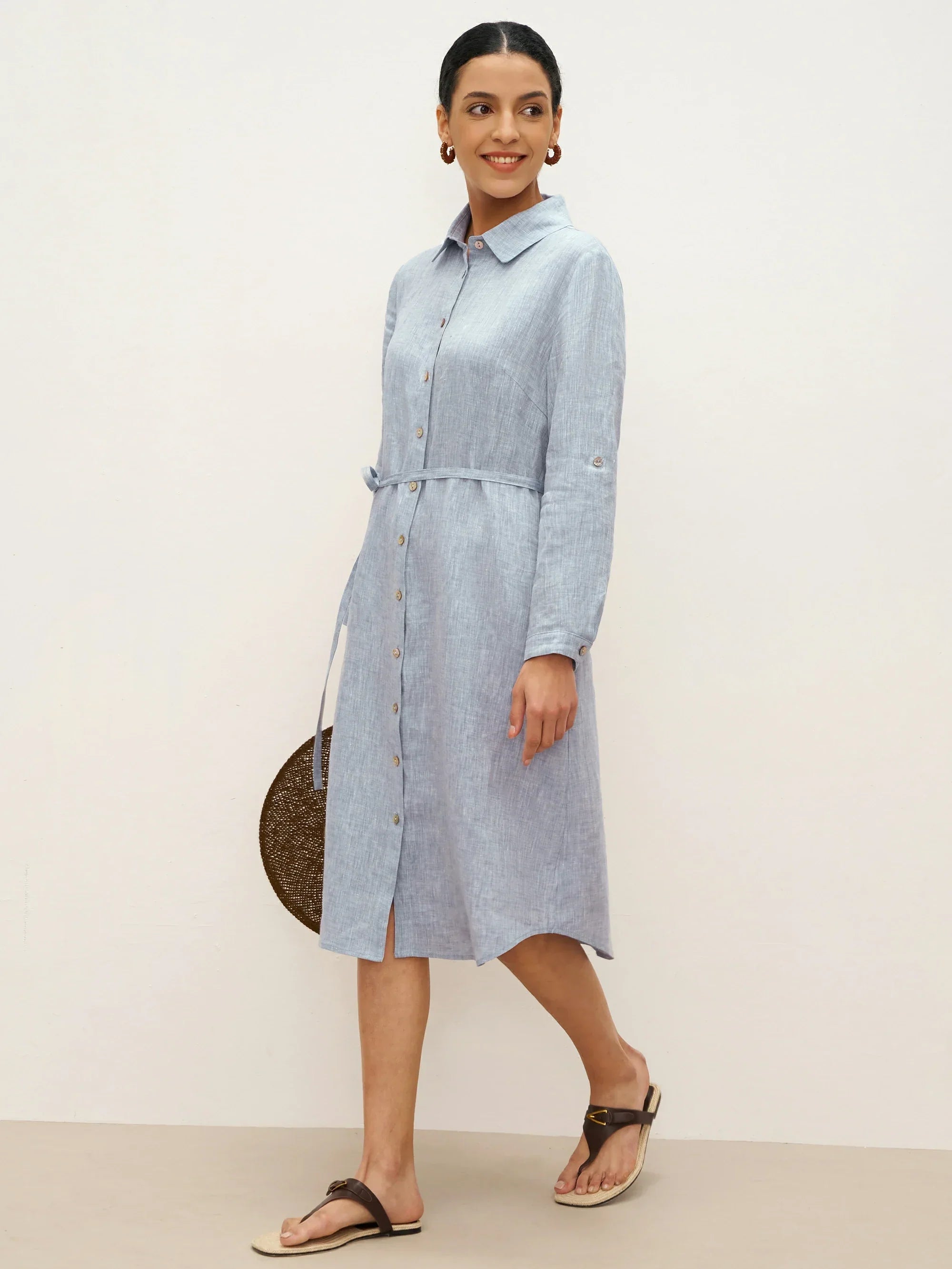 100% Leinen U-Saum Gürtel Kleid JULIA