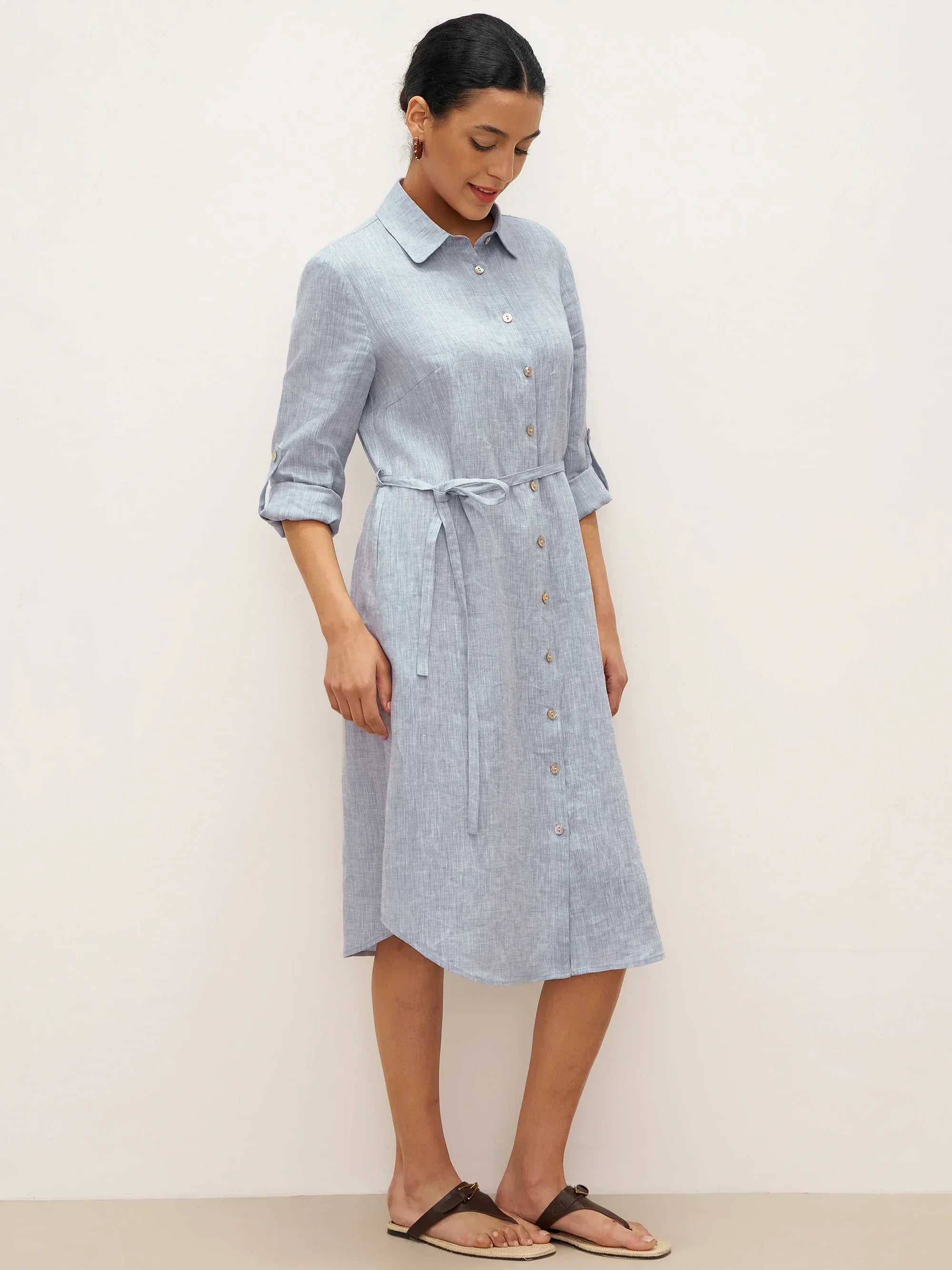 100% Leinen U-Saum Gürtel Kleid JULIA