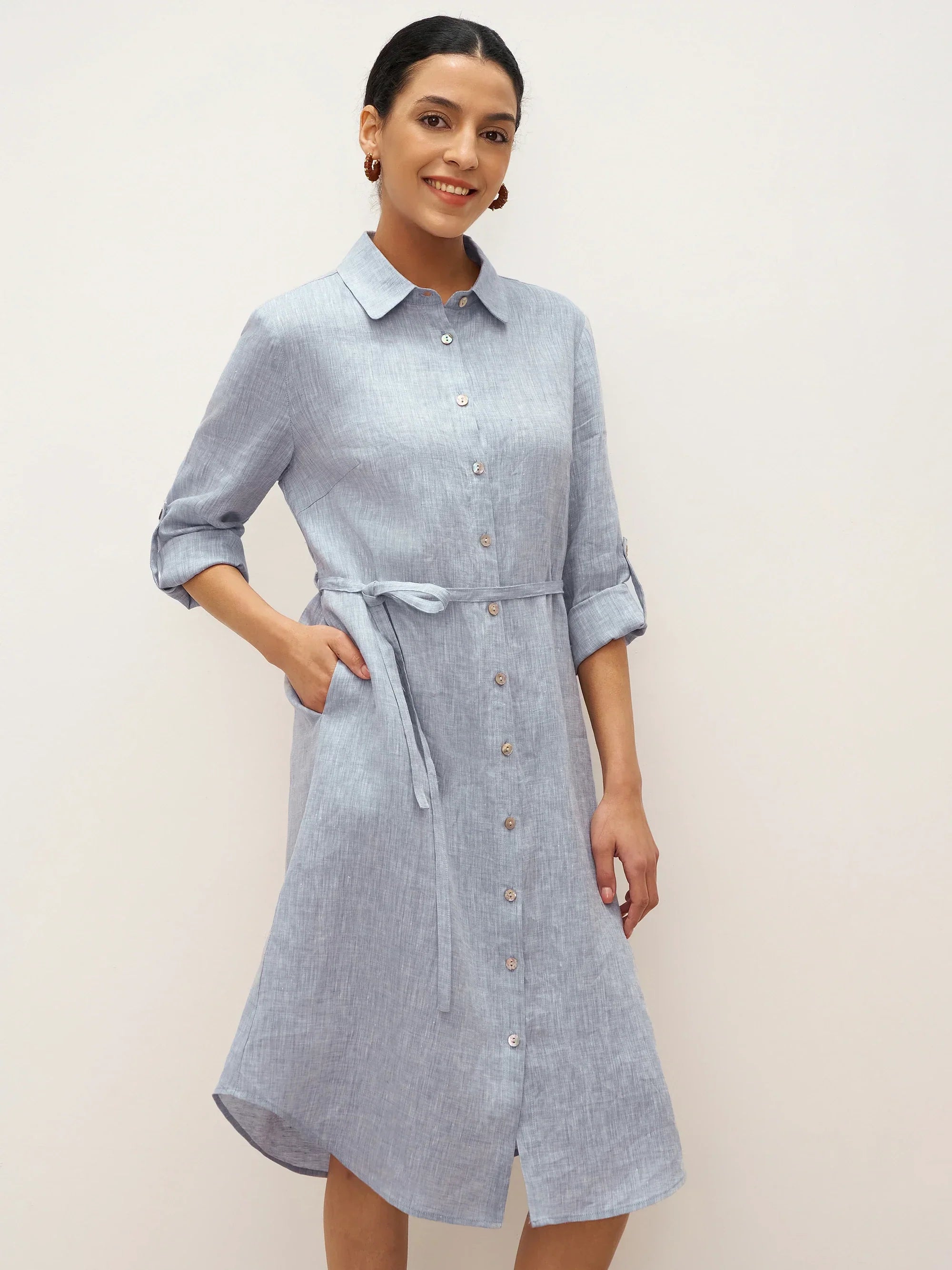 100% Leinen U-Saum Gürtel Kleid JULIA