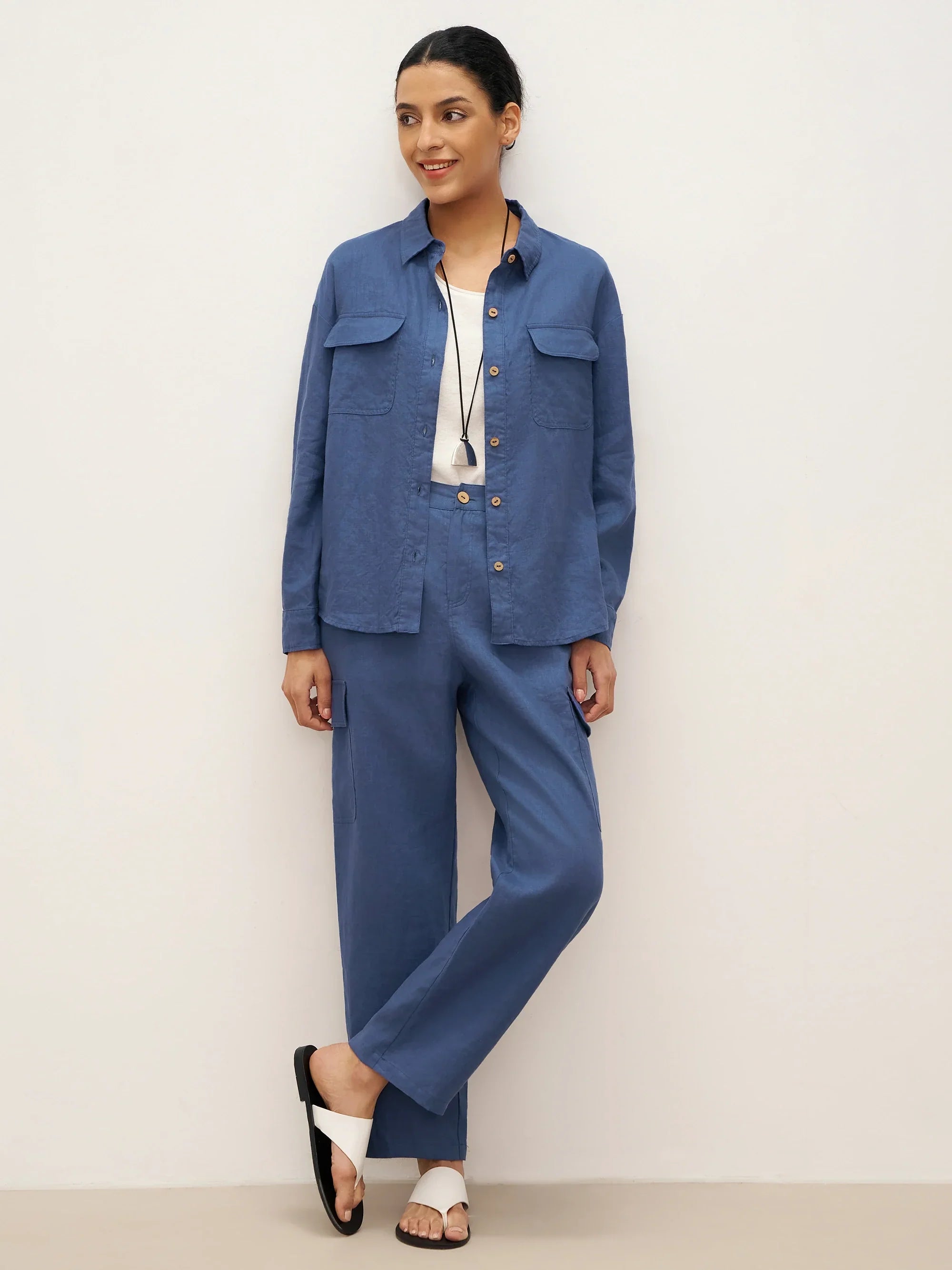100% Leinen Flap-Patch Knopfverschluss Shirtjacke JANE