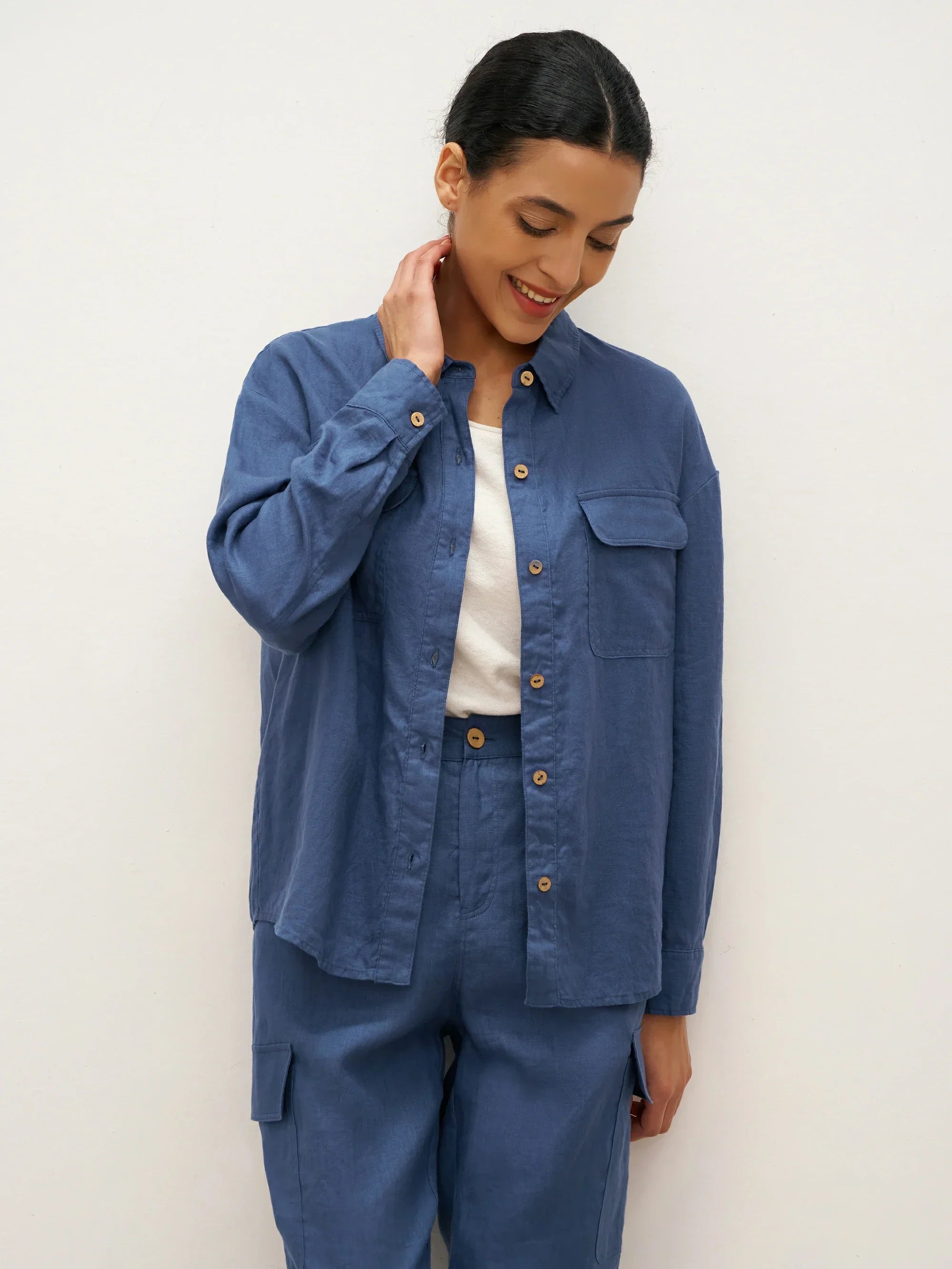 100% Leinen Flap-Patch Knopfverschluss Shirtjacke JANE
