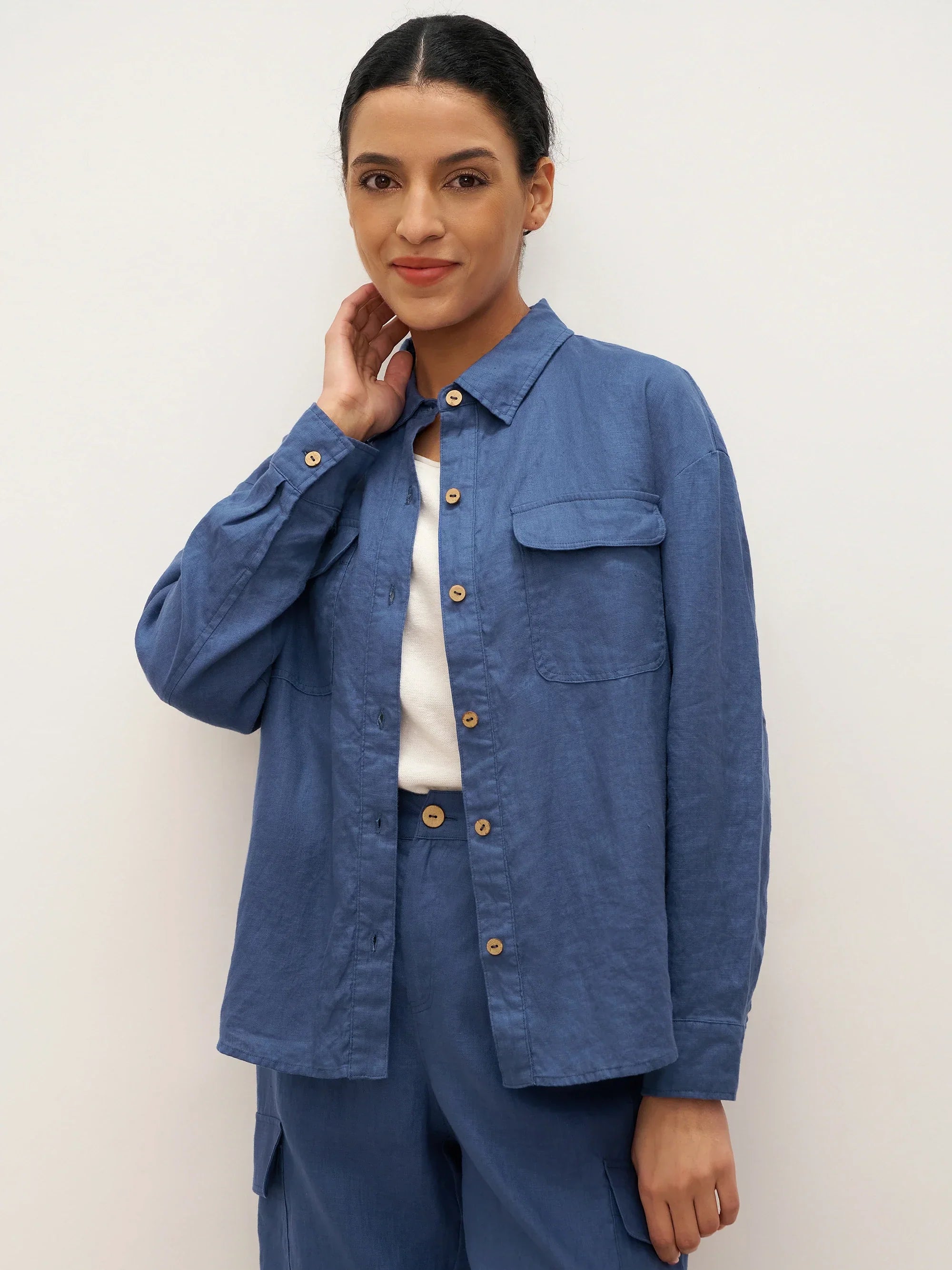100% Leinen Flap-Patch Knopfverschluss Shirtjacke JANE