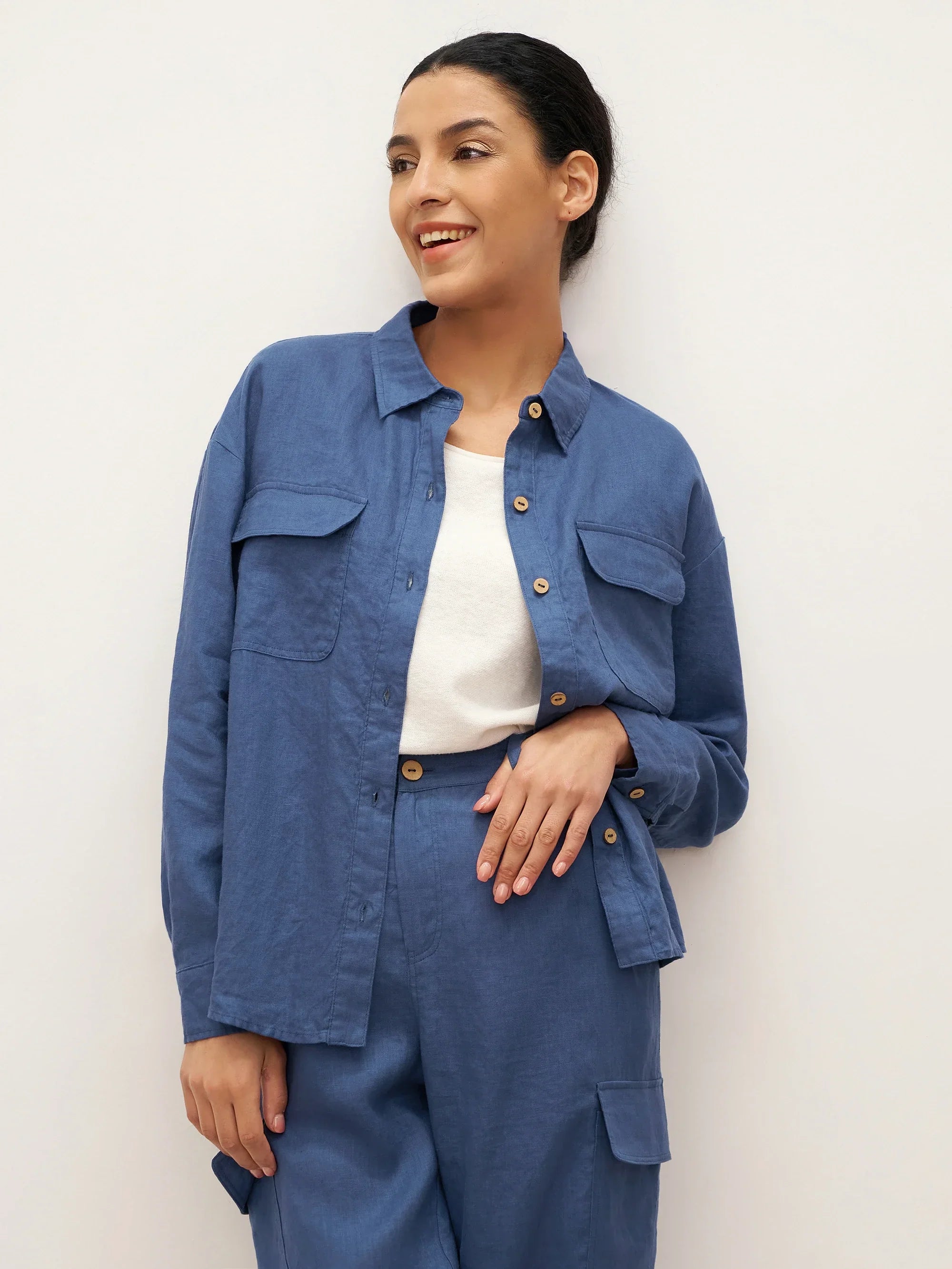 100% Leinen Flap-Patch Knopfverschluss Shirtjacke JANE