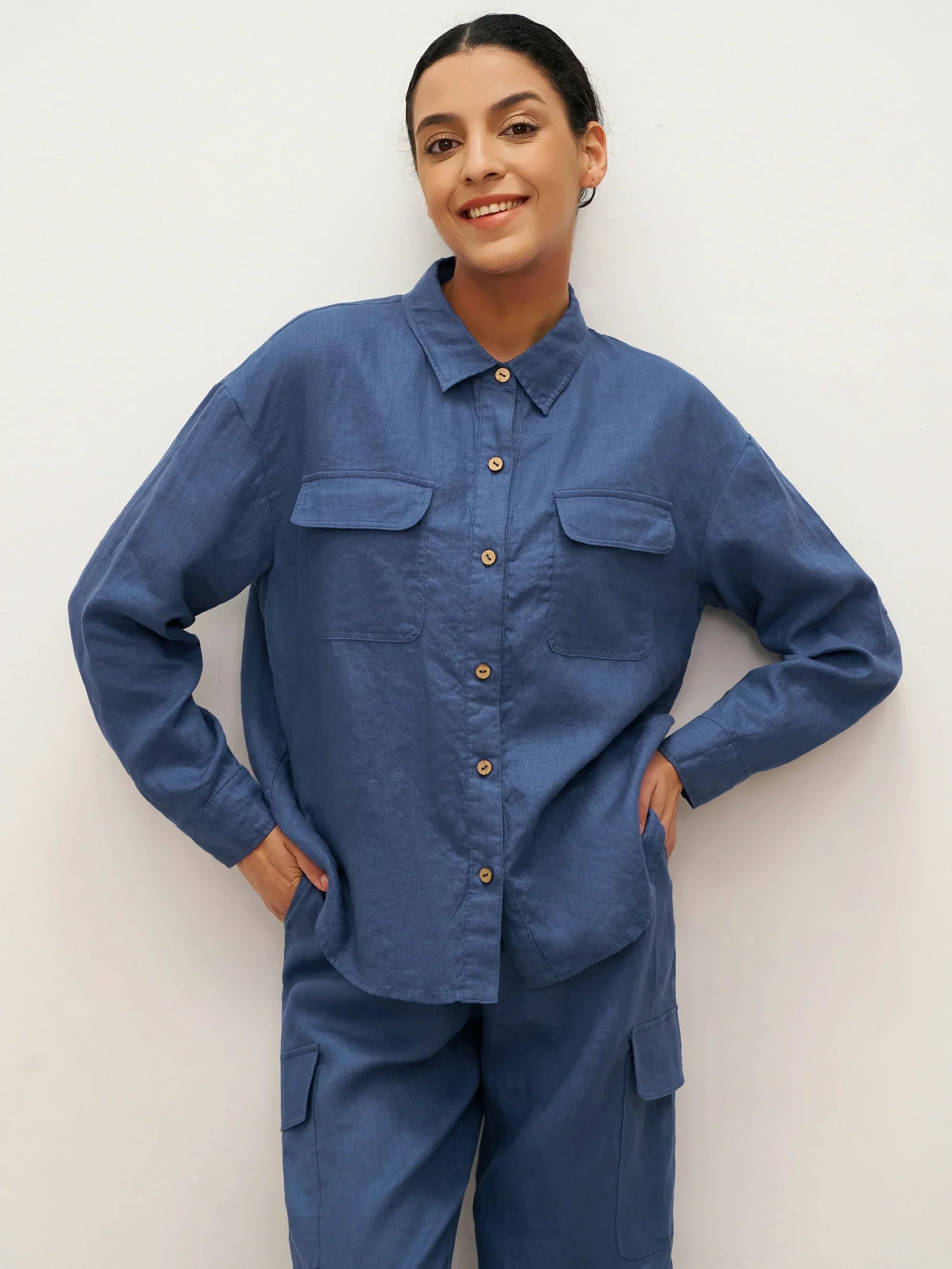 100% Leinen Flap-Patch Knopfverschluss Shirtjacke JANE