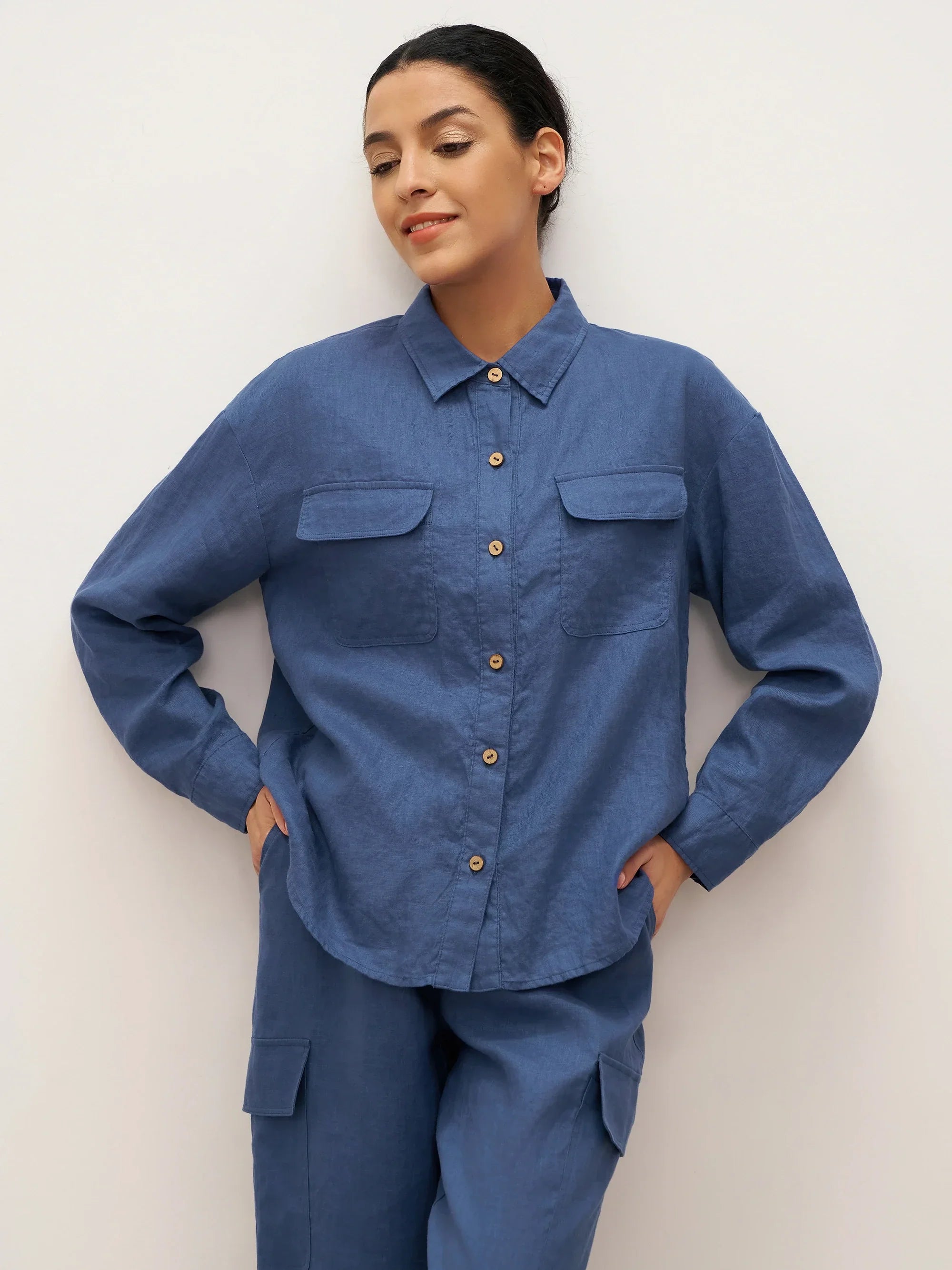 100% Leinen Flap-Patch Knopfverschluss Shirtjacke JANE