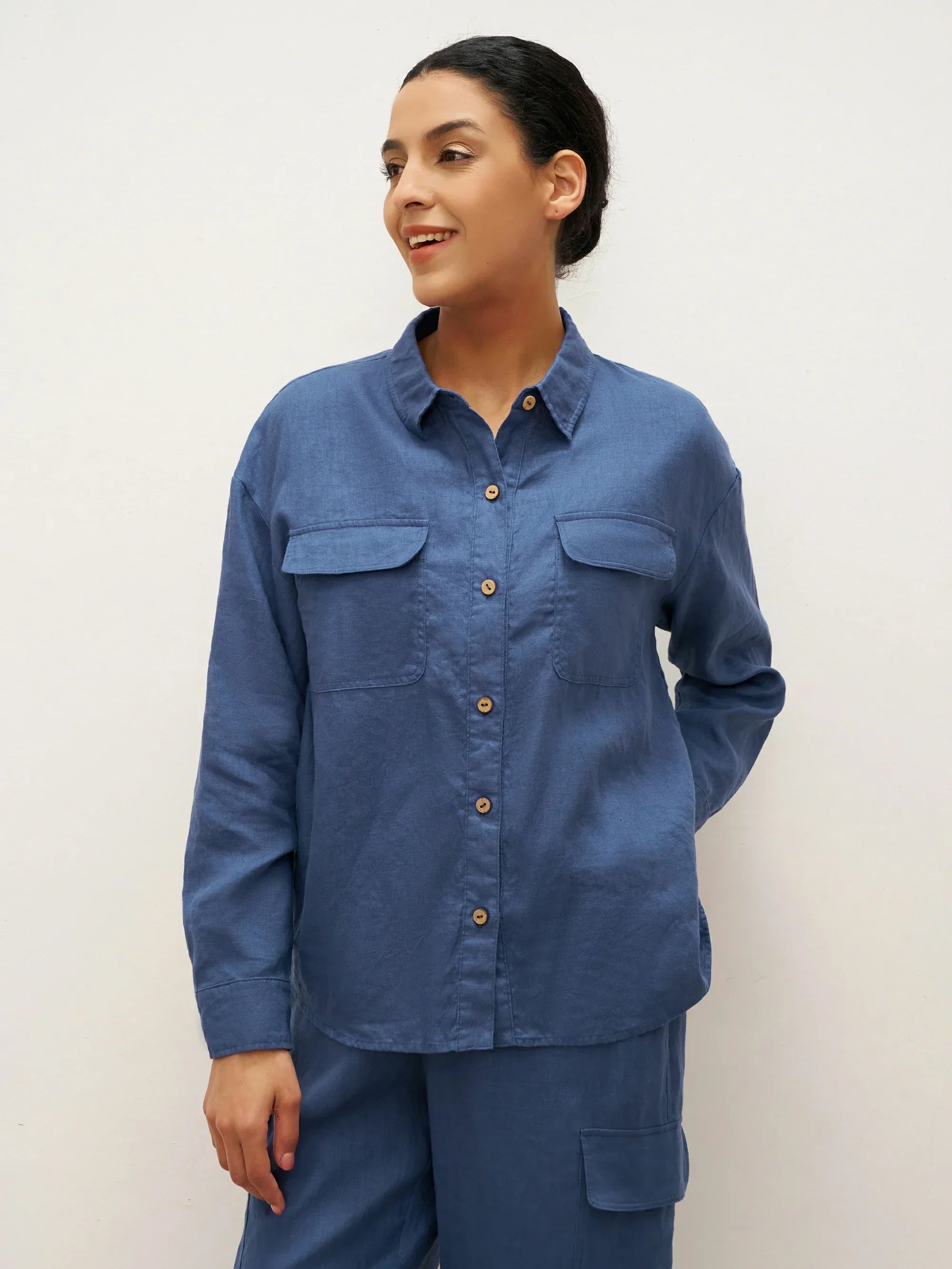 100% Leinen Flap-Patch Knopfverschluss Shirtjacke JANE