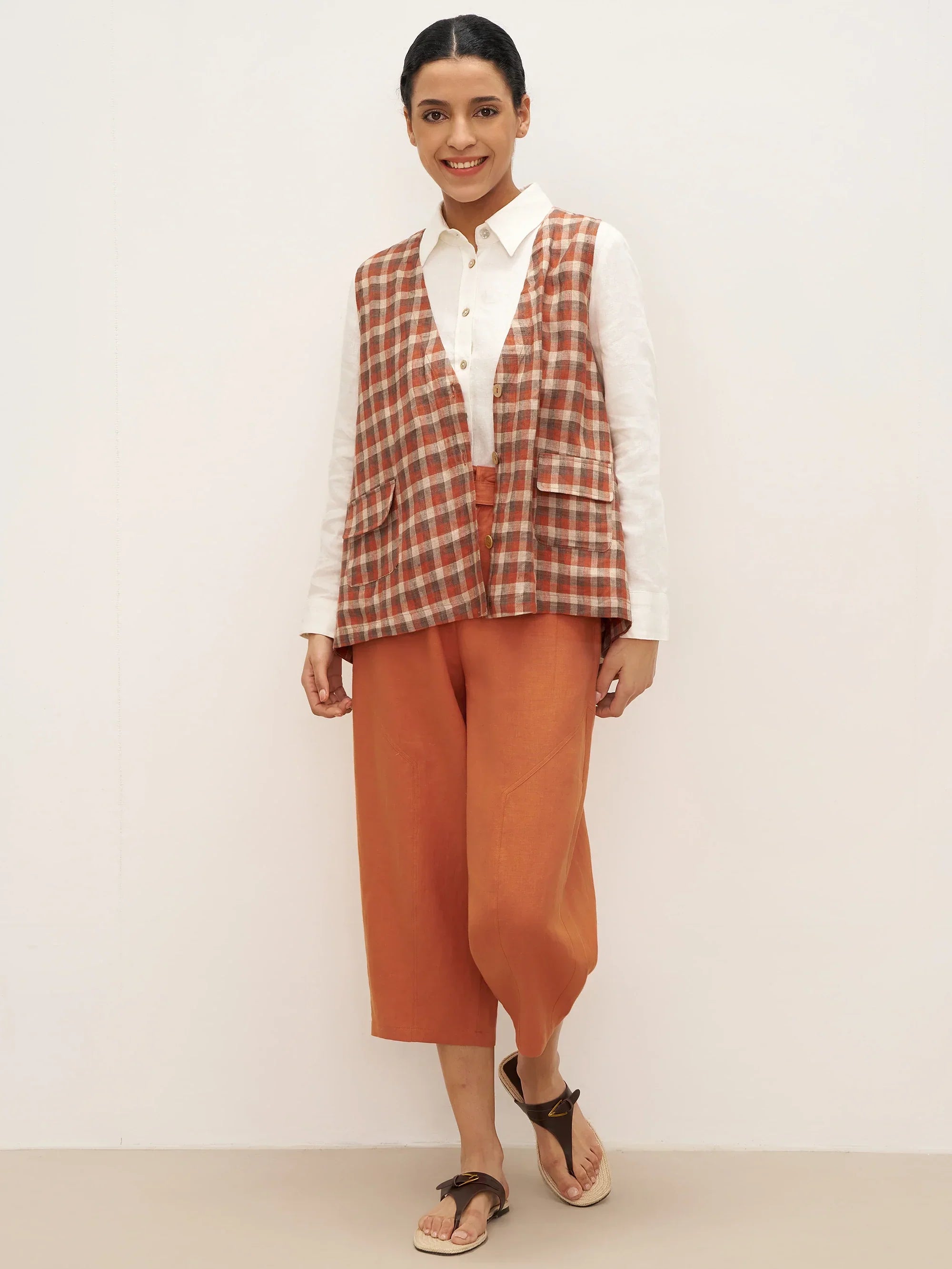 100% Leinen V-Ausschnitt Karierter Oversized Weste DORIS