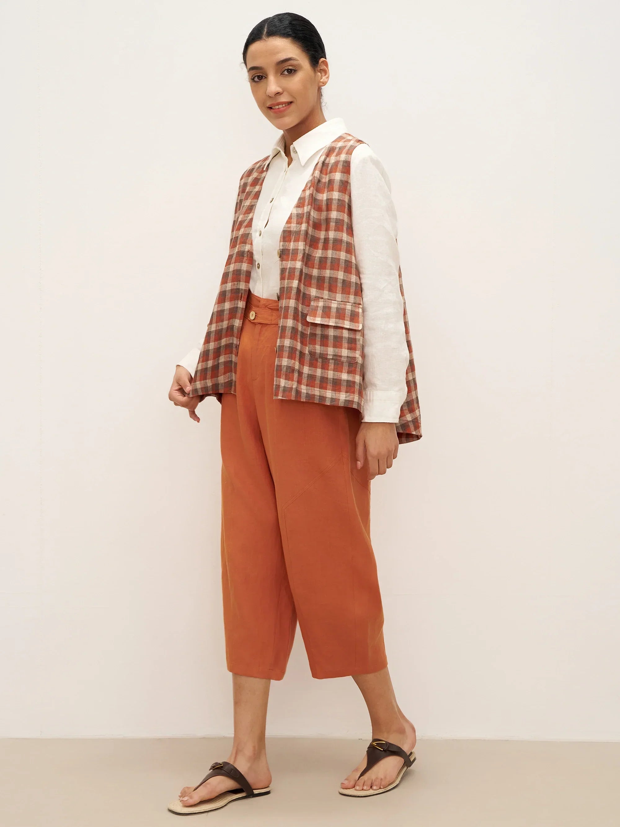 100% Leinen V-Ausschnitt Karierter Oversized Weste DORIS
