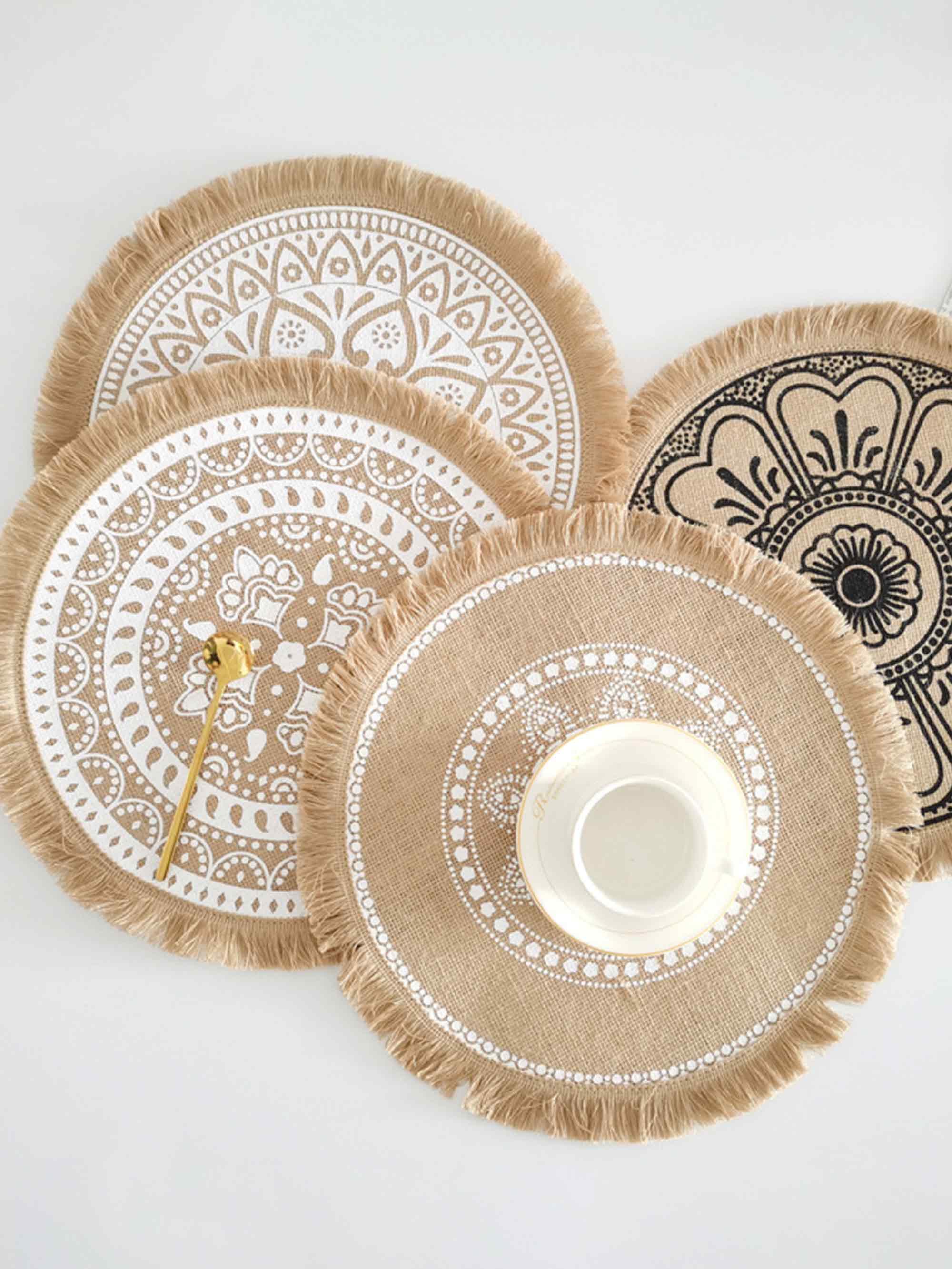 Nordic Woven Jute Tischset Rund Fransen Dekorativer Hitzebeständiger Platzmatte