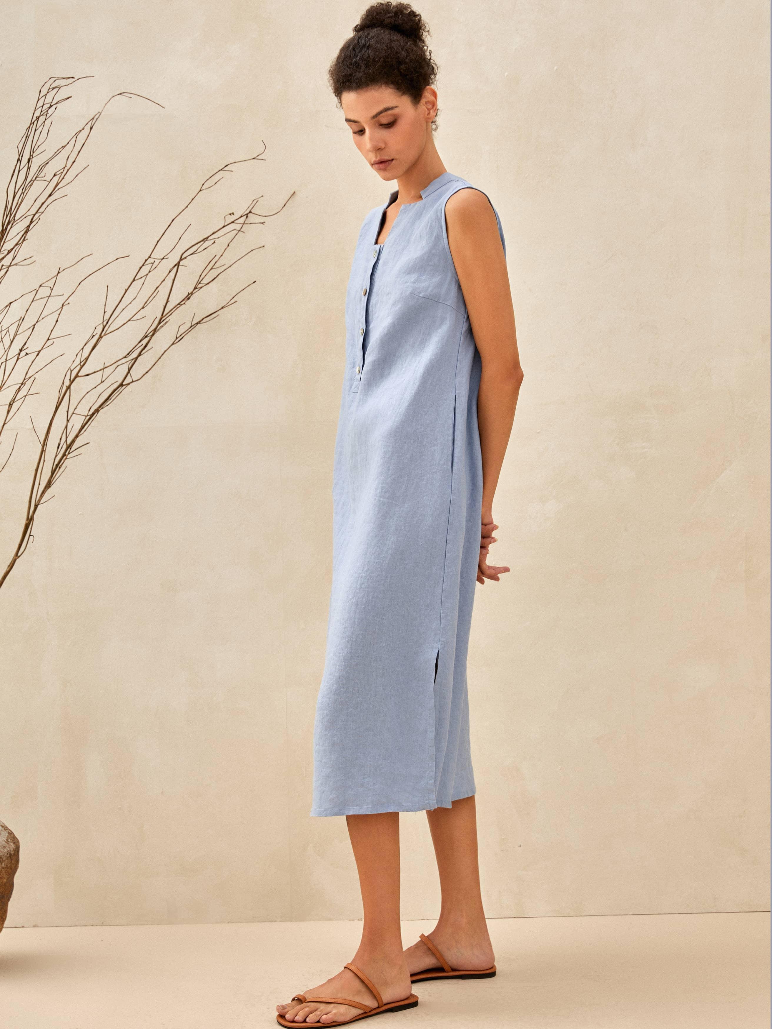 100% Leinen Ärmelloses Gerades Maxikleid mit Hohem Schlitz TAYLOR