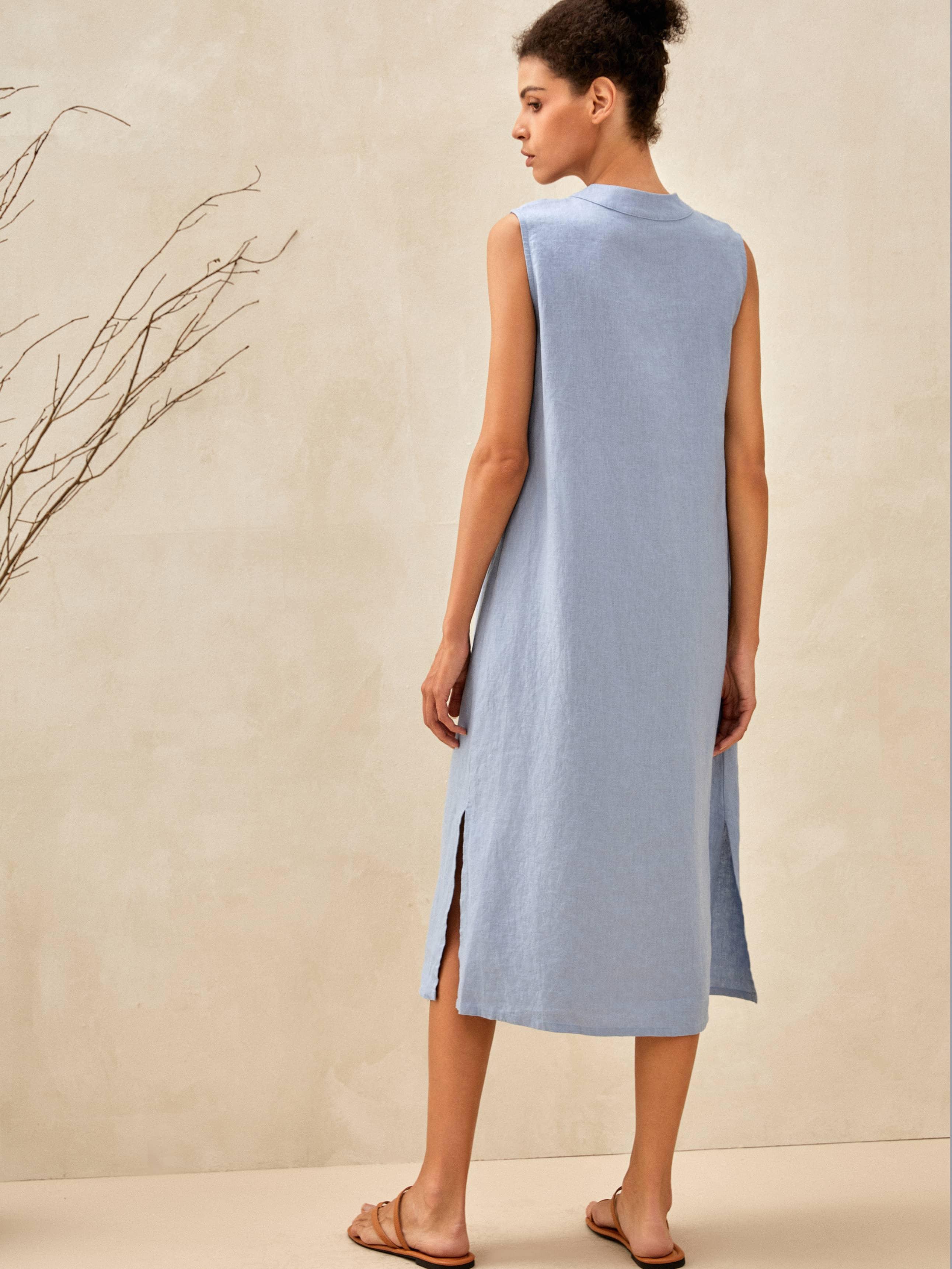 100% Leinen Ärmelloses Gerades Maxikleid mit Hohem Schlitz TAYLOR