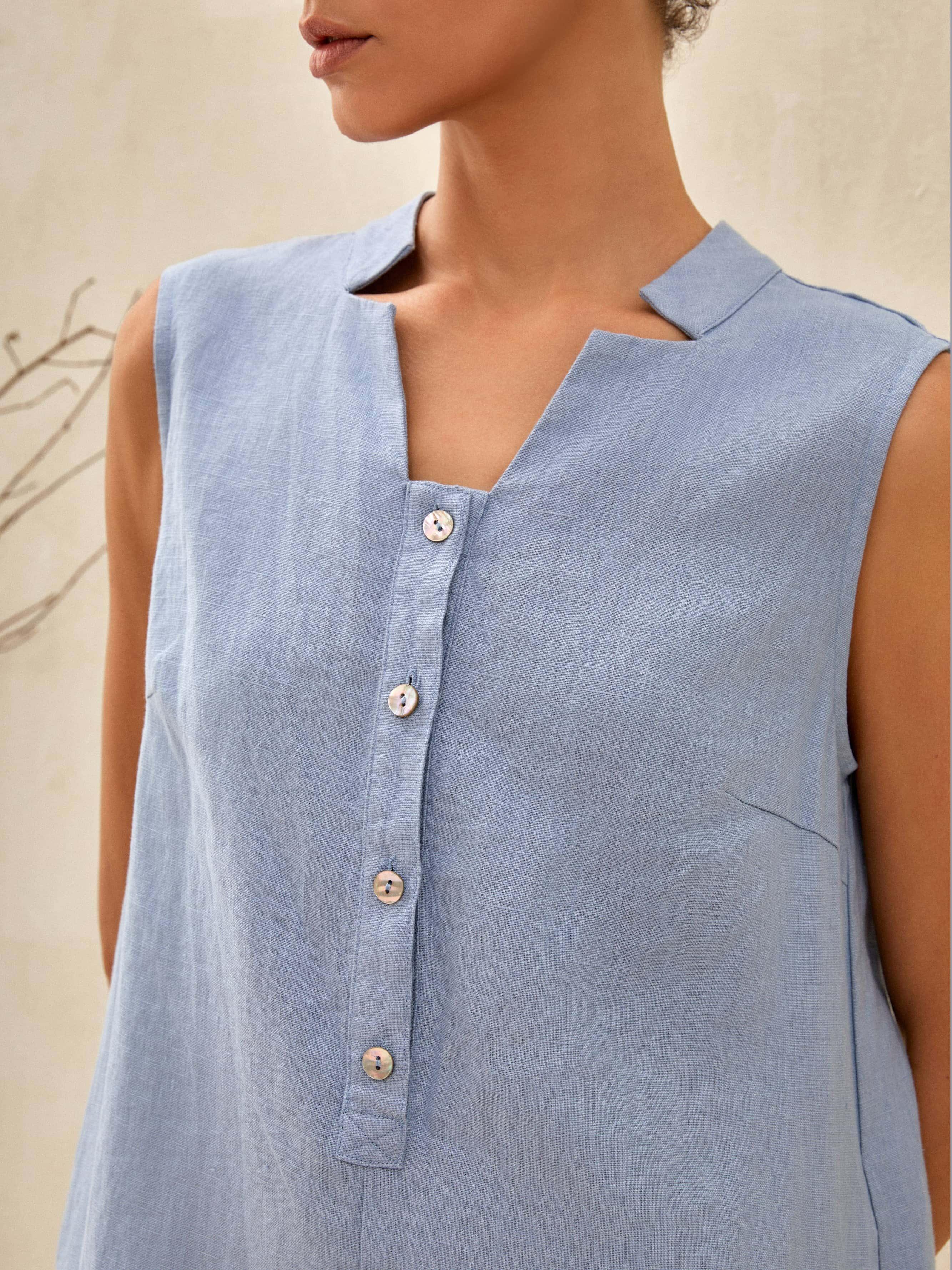 100% Leinen Ärmelloses Gerades Maxikleid mit Hohem Schlitz TAYLOR
