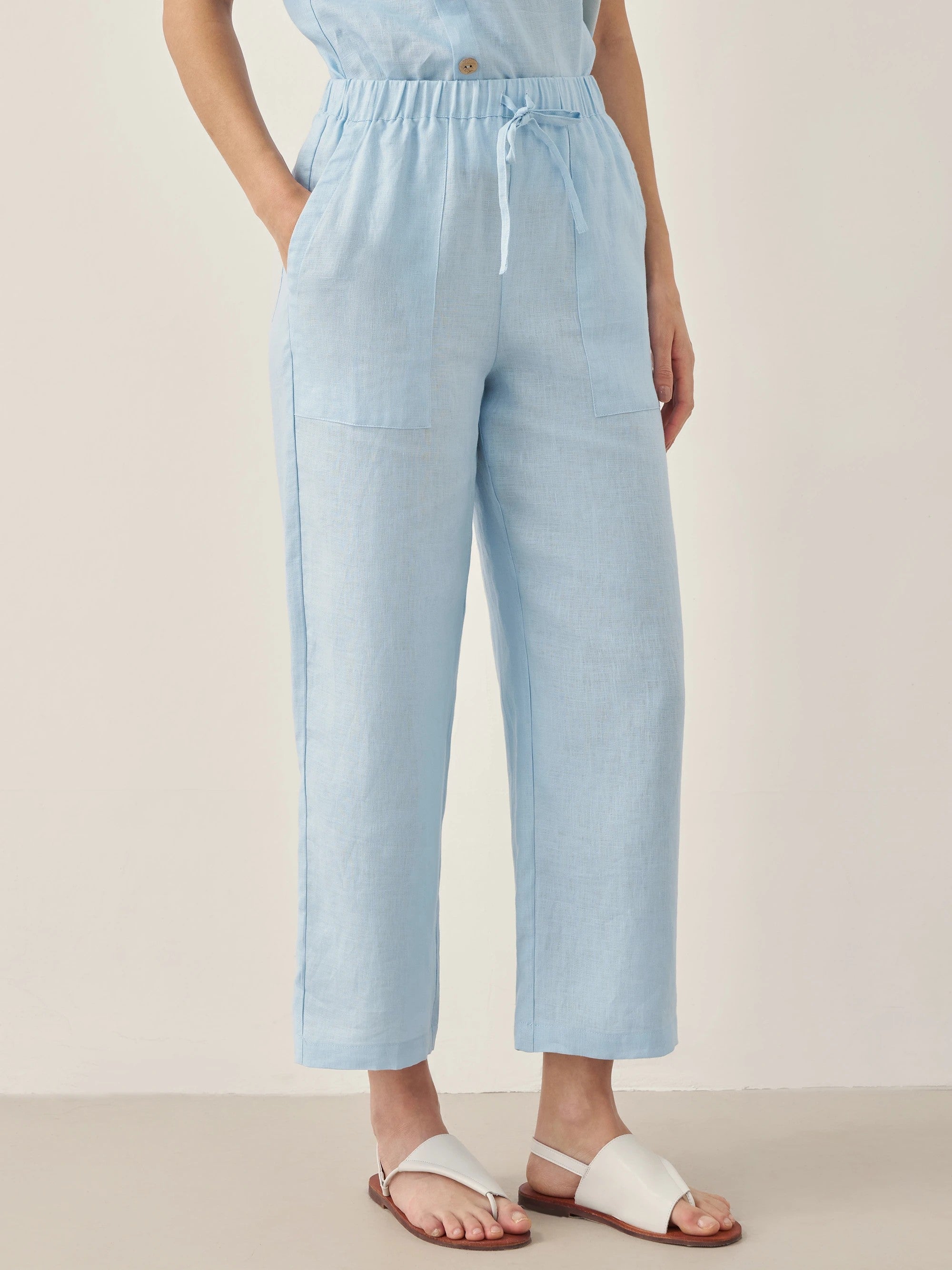 100% Leinen Kurzarm Rundhals Knopfdetails Oberteil & Hose Set JOSIE
