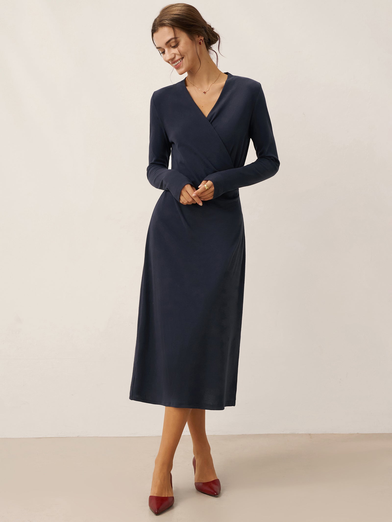 Leinen Crossover V-Ausschnitt Wickel Stretch Midi Kleid MARNIE