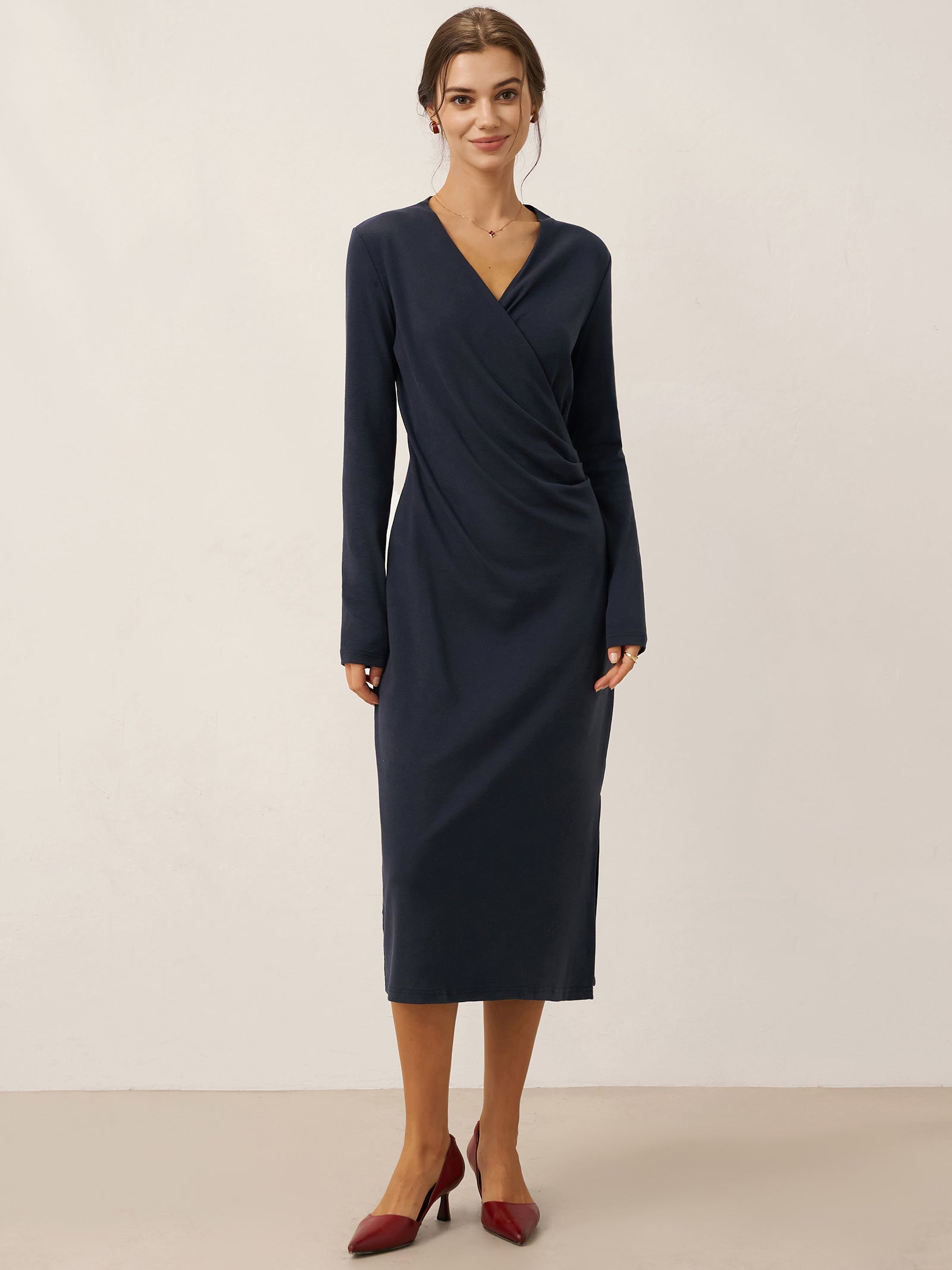 Leinen Crossover V-Ausschnitt Wickel Stretch Midi Kleid MARNIE