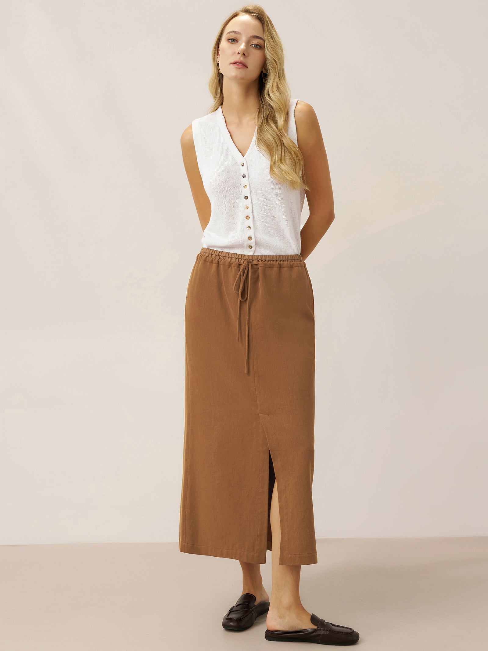 Tencel Leinen Kordelzug Split Maxi Rock SAMANTHA