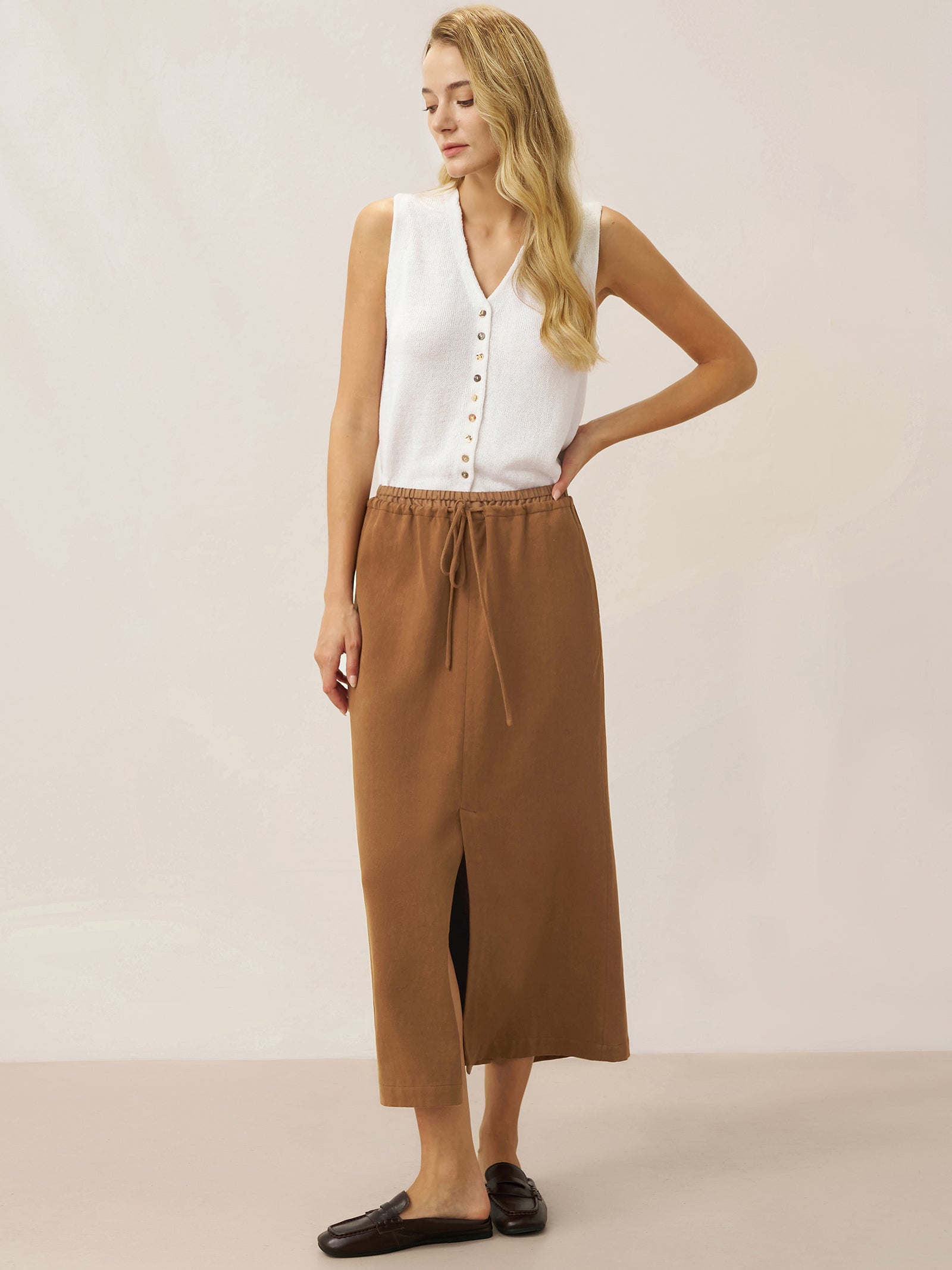 Tencel Leinen Kordelzug Split Maxi Rock SAMANTHA