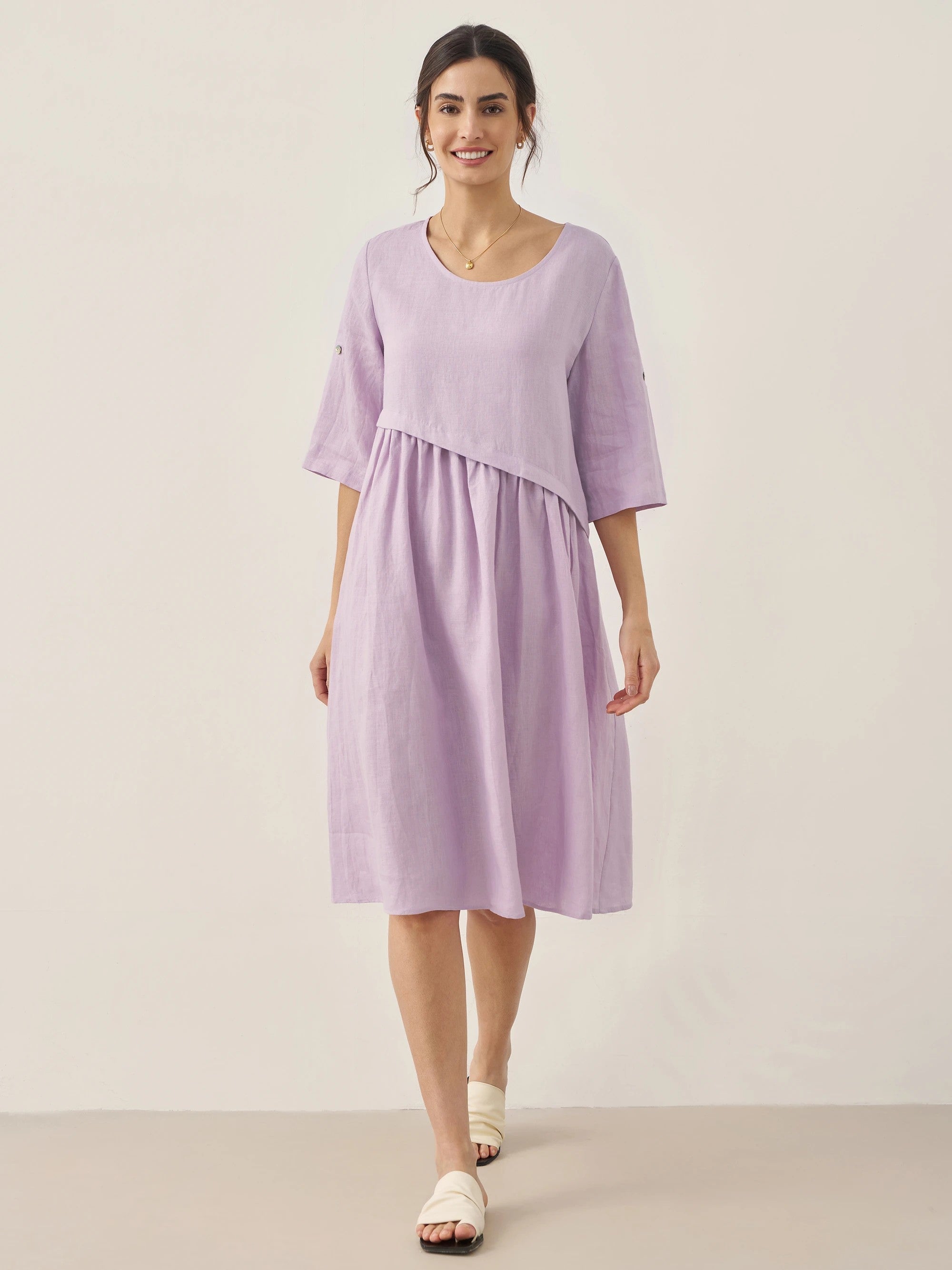 100% Leinen Asymmetrisches Plissiertes Rundhals-Midi-Kleid YOLANDA
