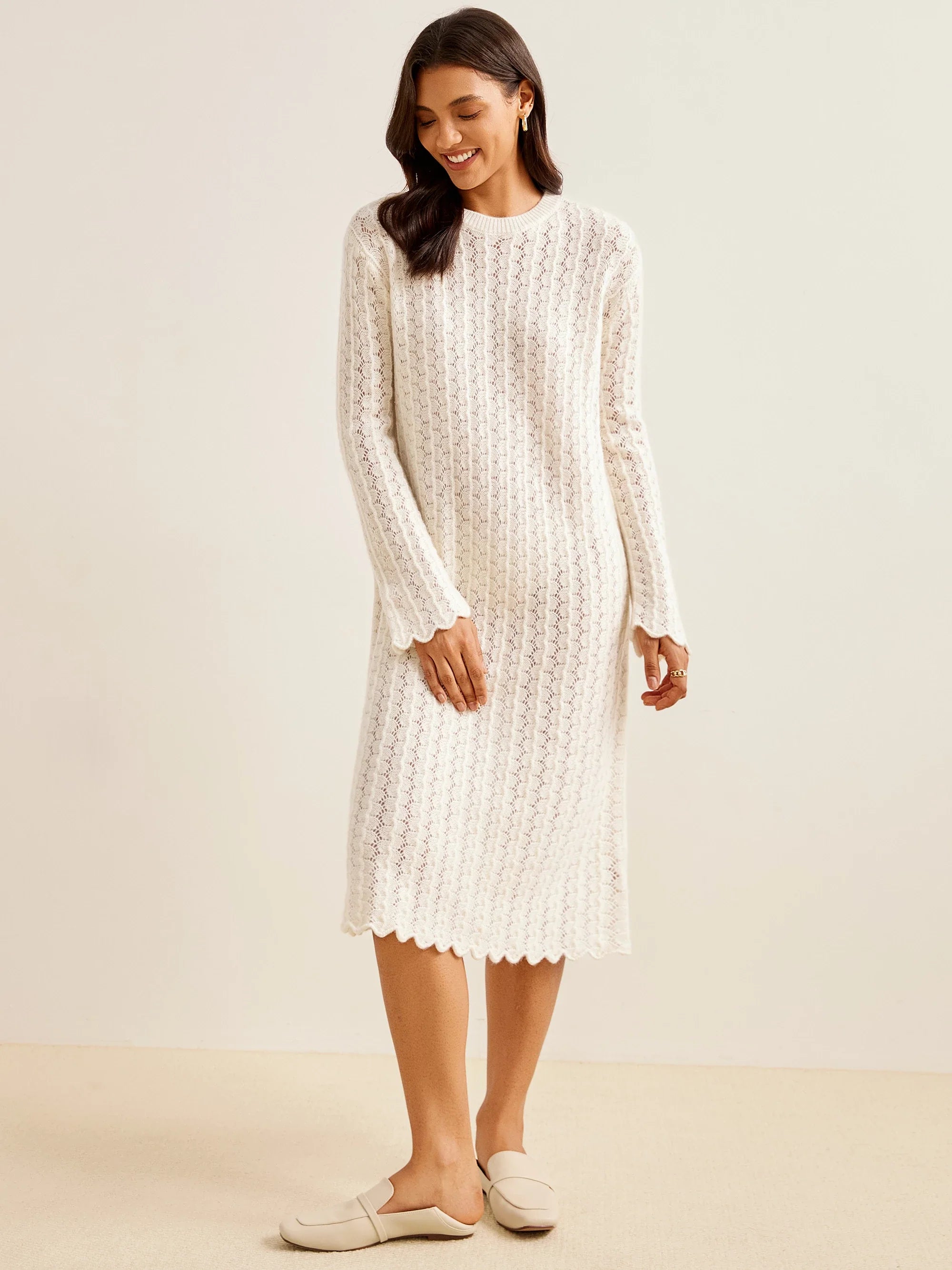100% Mongolisches Cashmere Besticktes Stricklangkleid