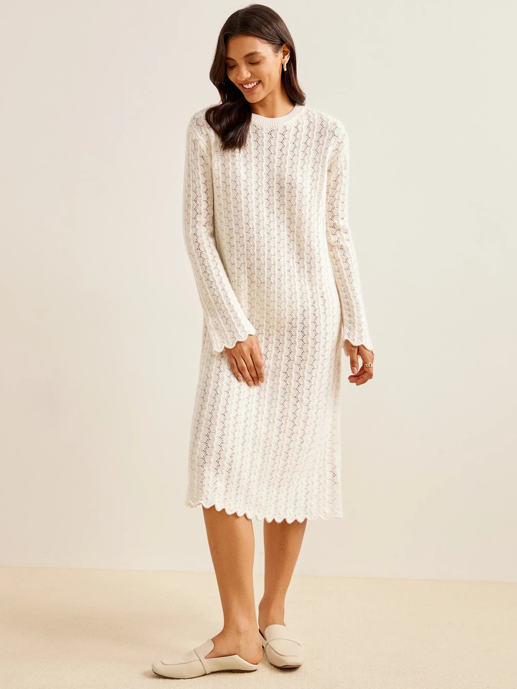 100% Mongolisches Cashmere Besticktes Stricklangkleid