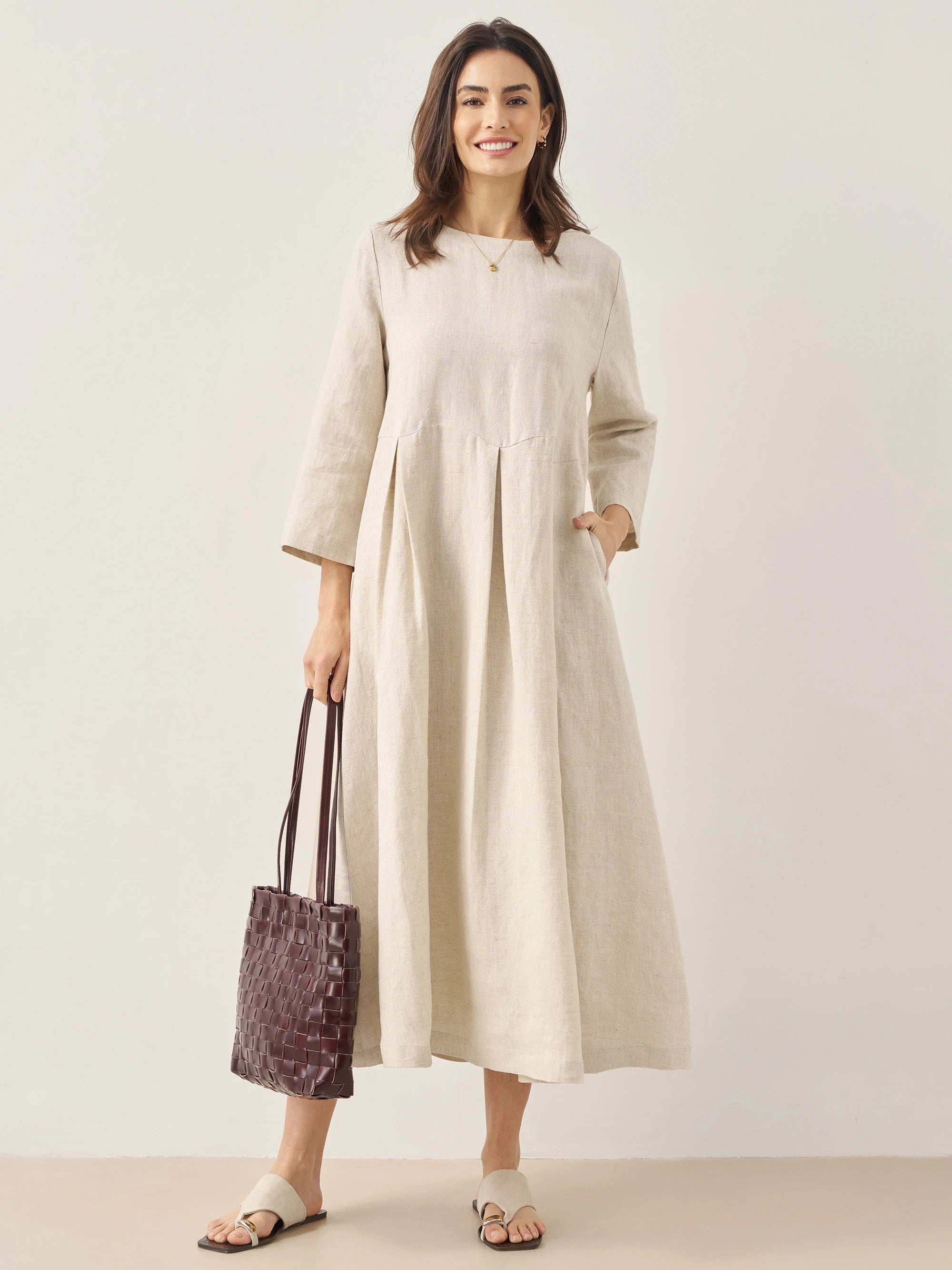100 % Leinen Bateau-Ausschnitt Plissiertes Maxikleid ABIGAIL